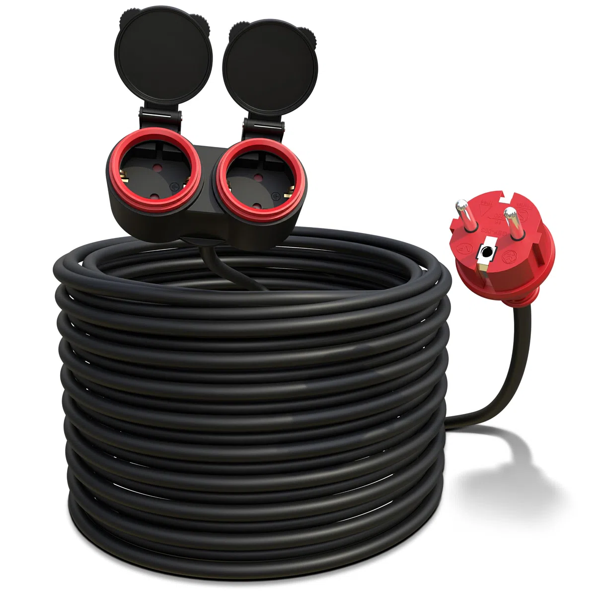 Poppstar Prolunga per esterno 20 m (2 prese Schuko, IP44, 16A/3680W, H05RR-F 3G1.5), nero/rosso
