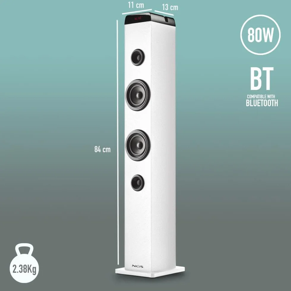 NGS Sky Charm Pro White - Torre Audio da 50 W con Bluetooth 5.4, Ottico, USB, AUX-IN, Radio FM, Funzione di Trasmissione, Ingresso Microfono Karaoke, Telecomando, Bianco