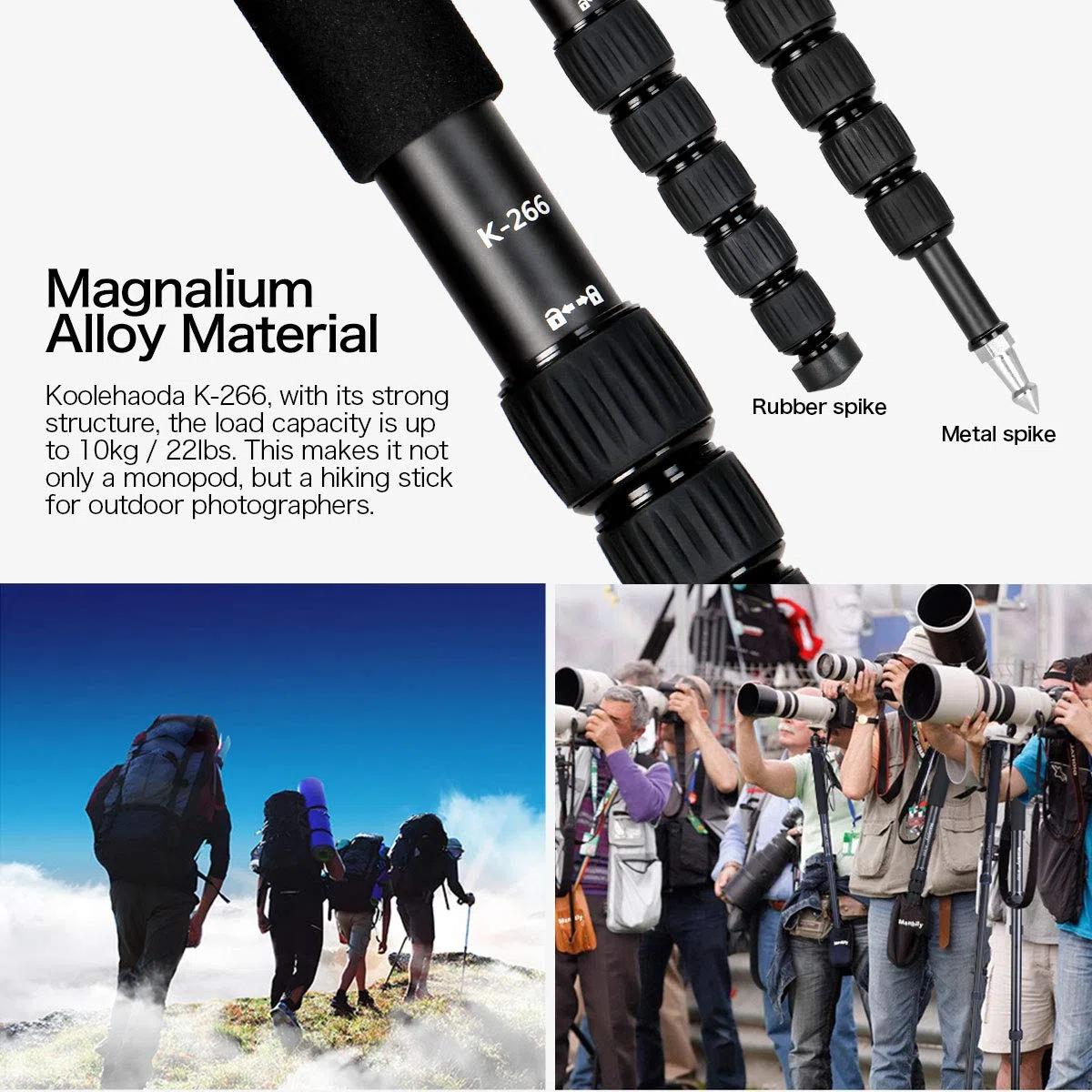 koolehaoda Fotocamera Monopiede 6 sezioni Compatto portatile Fotografia Lega di alluminio Unipiede Stick, max. Caricare 10 kg, la dimensione pieghevole è di soli 39 cm (nero)