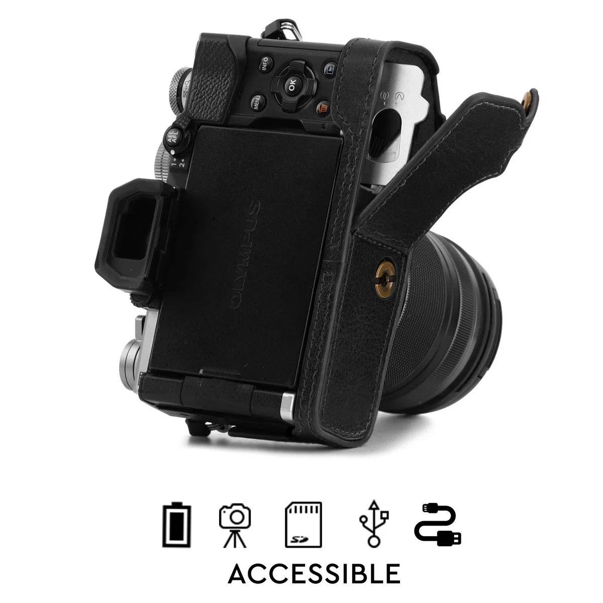 MegaGear Ever Ready - Mezza custodia in vera pelle per fotocamera compatibile con Olympus OM-D E-M5 Mark III