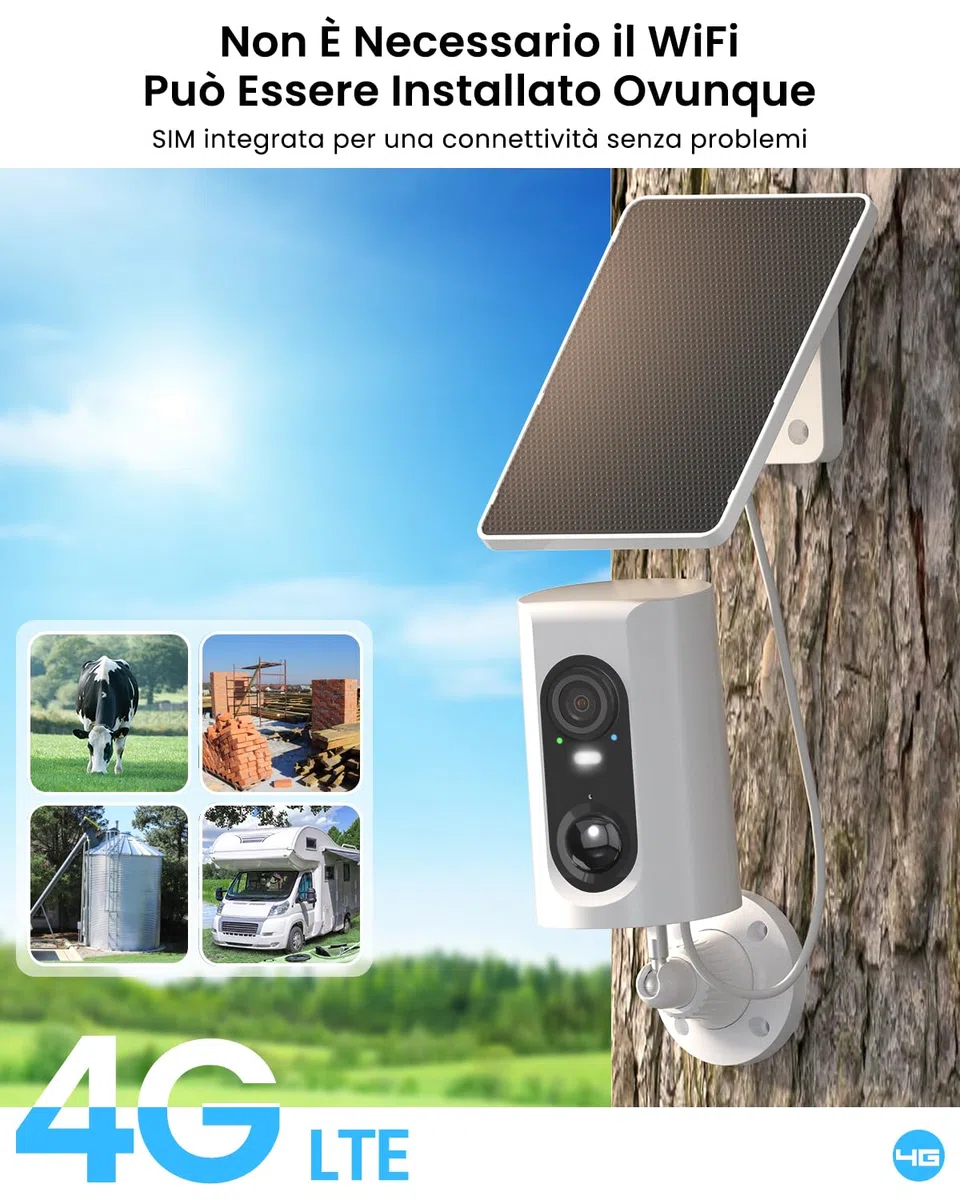 ANRAN 4G LTE Telecamera Esterno Senza Fili con Pannello Solare e Batterie, SIM+32GB SD Card Inclusa, 2K Telecamera Solare con SIM, NO WiFi, PIR Rilevamento, Visione Notturna a Colori, Audio a 2 vie,G3