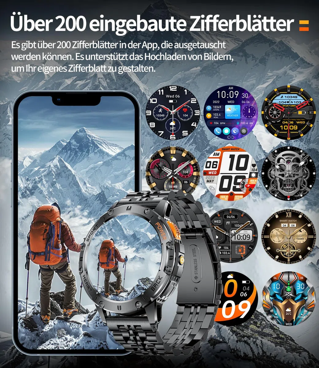 ESFOE Smartwatch Uomo, 1.43" AMOLED Smartwatch Militare Uomo Fitness con Chiamate Bluetooth Orologio Intelligente Impermeabile 5ATM/120 Modalità Sportive/530mAh/Torcia/Cardiofrequenzimetro, Mezzanotte