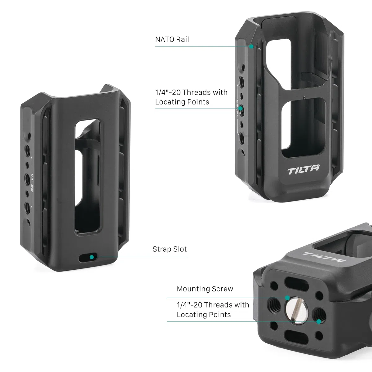 Tilta Pocket 4 Cage Adattatore di Espansione per Pocket 4 Pro Pocket 3, Accessori per la Gabbia della Fotocamera per Osmo Pocket 3/4/4P con Filettature da 1/4"-20 Guide NATO - Alluminio TA-T65-AME-B