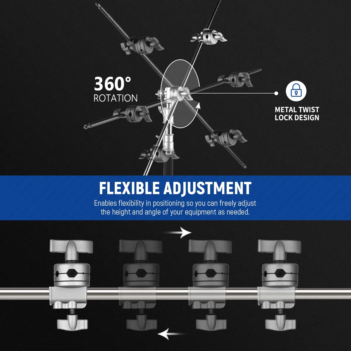 NEEWER Multifunzionale Resistente Impugnatura 6 cm Testa Girevole, Montaggio Adattatore per Lampada, Estensione Braccio e Altre con 1/2, 1/4, 3/8, 5/8, Filettature Argento