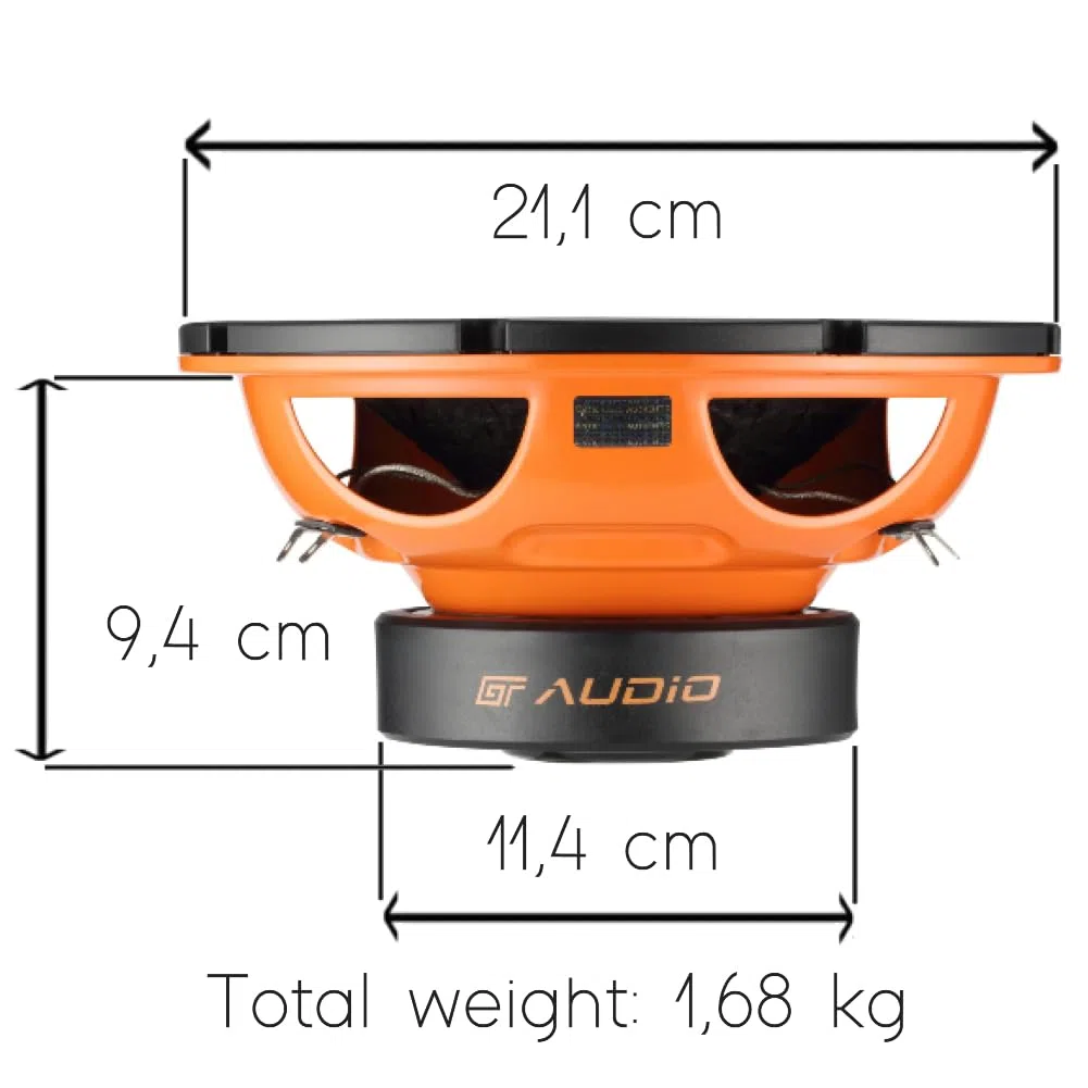 KIT SET PER BASS FACE GT AUDIO GT-SW8/4 1 subwoofer 20 cm 200 mm 8" da 100 watt rms 200 watt max doppia bobina da 4+4 ohm dvc dual voice coil per cofano bagagliaio auto, 1 pezzo