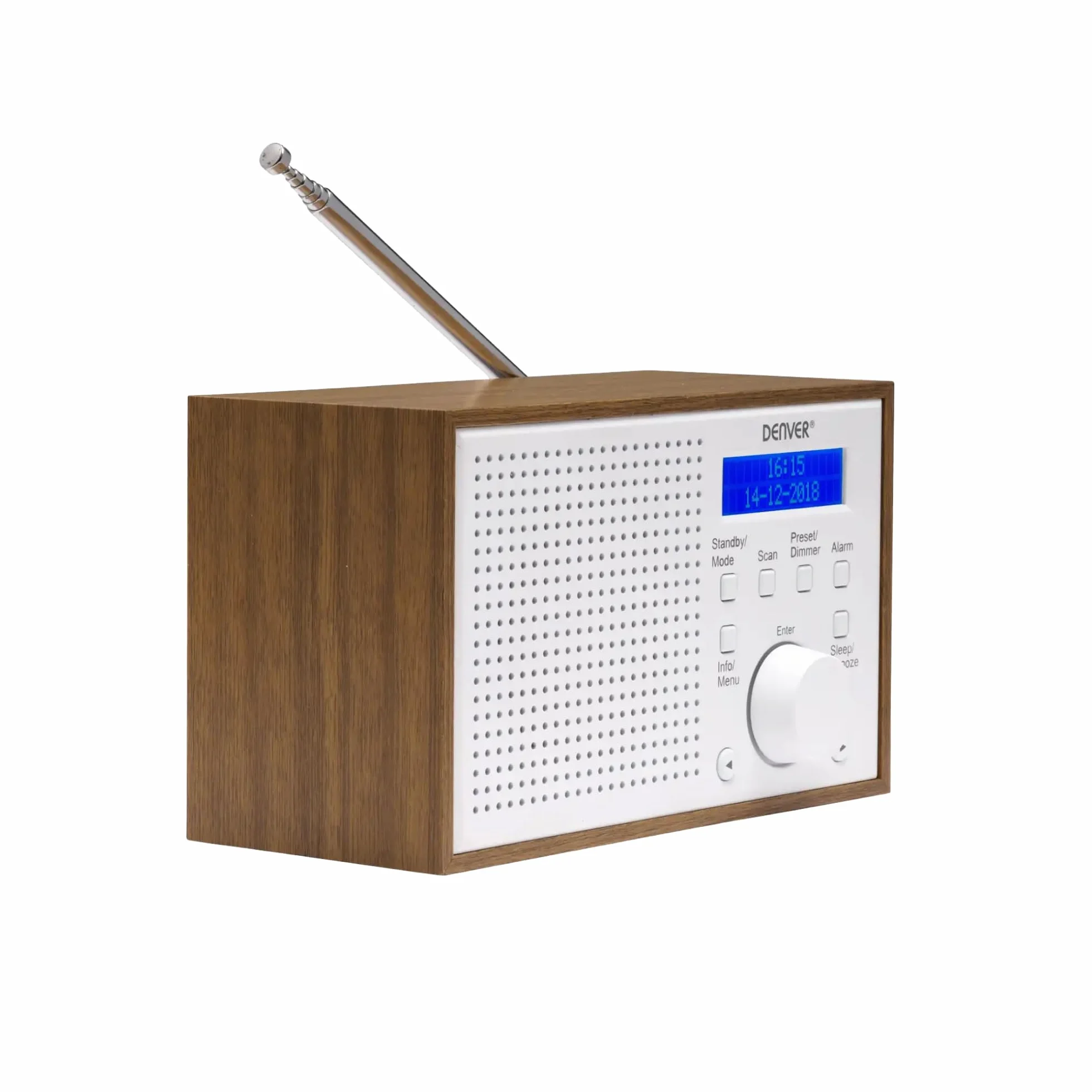 DENVER DAB-46WHITE Radio Digitale DAB+ e FM con Orologio e Sveglia, Funziona con Batteria e Corrente, Uscita Audio da 2 W, Finitura Legno, Bianco
