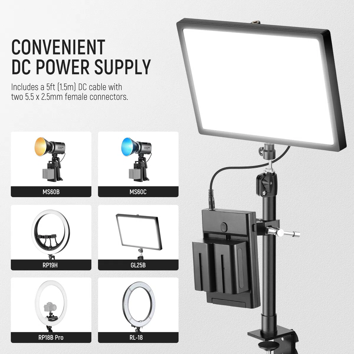 NEEWER Adattatore da Batteria NP-F a Batteria con Attacco a V per Luce Video LED con Supporto per Palo Super Clamp, Piastra Doppio Canale Compatibile con Sony npf F970 F750, Cavo DC 5,5x2,5mm, PS010E