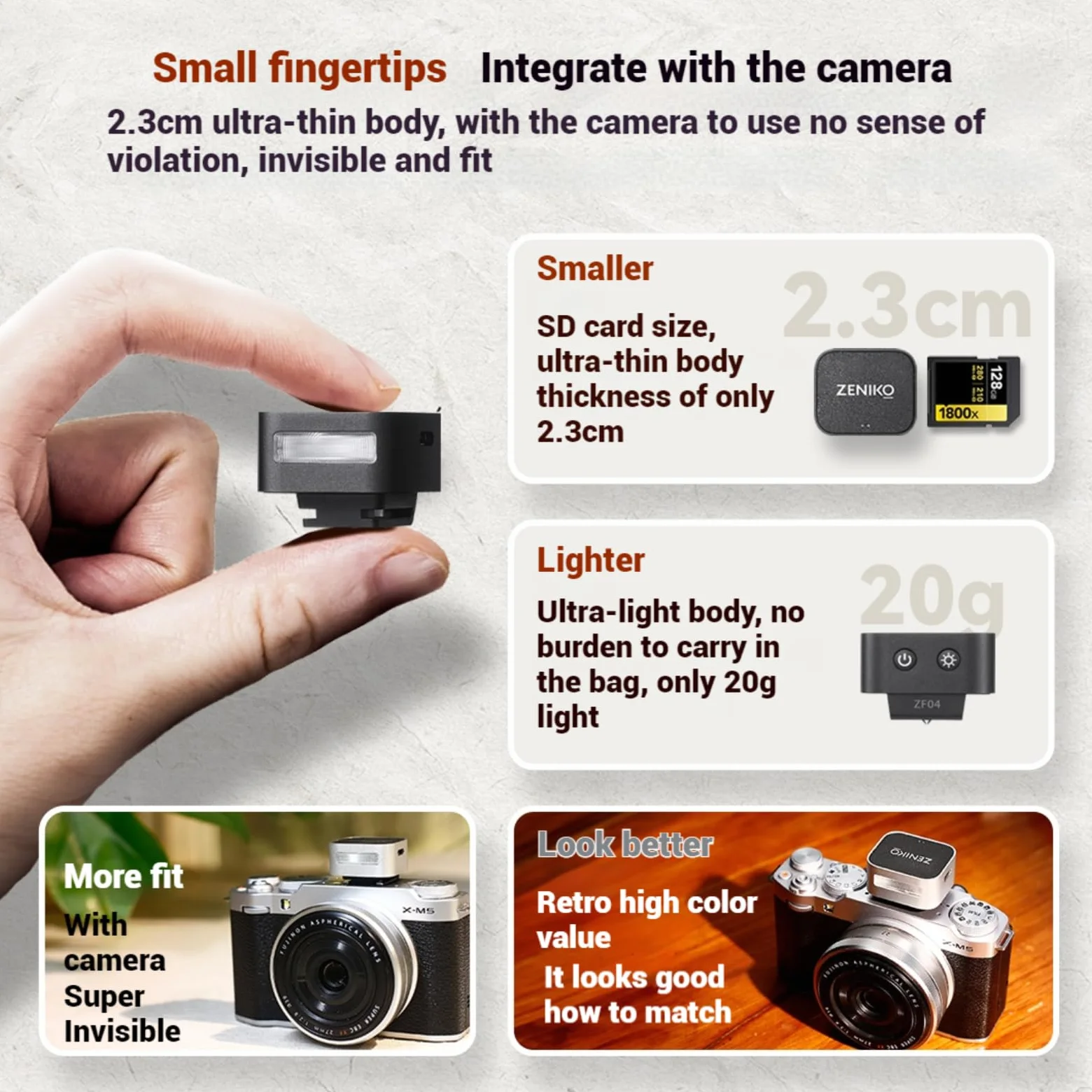 ZΕΝΙΚΟ ZF04 Flash da fotocamera, flash fotografico con 2 livelli di potenza, ricarica di tipo C, attacco universale per slitta a contatto caldo, 372 flash a piena potenza per fotocamere argento