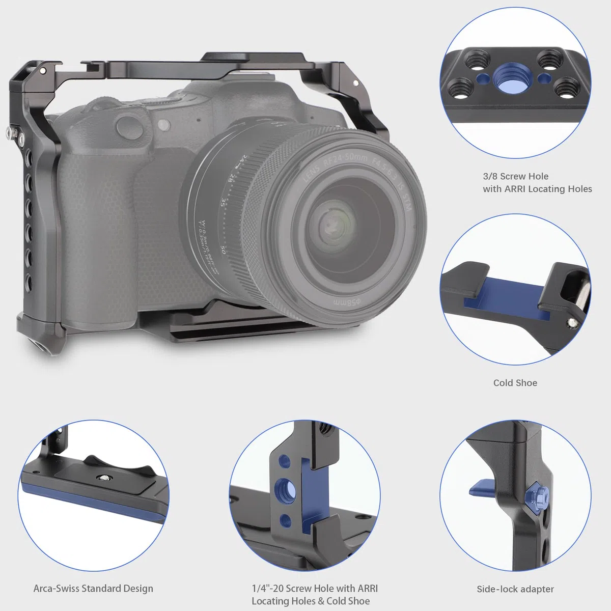LEFTFOTO Gabbia per fotocamera Canon EOS R8 con base Arca, scarpa fredda, slot per cinghia, fori per viti da 1/4 e 3/8", compatibilità stabilizzatore DJI RS - per riprese video Vlog