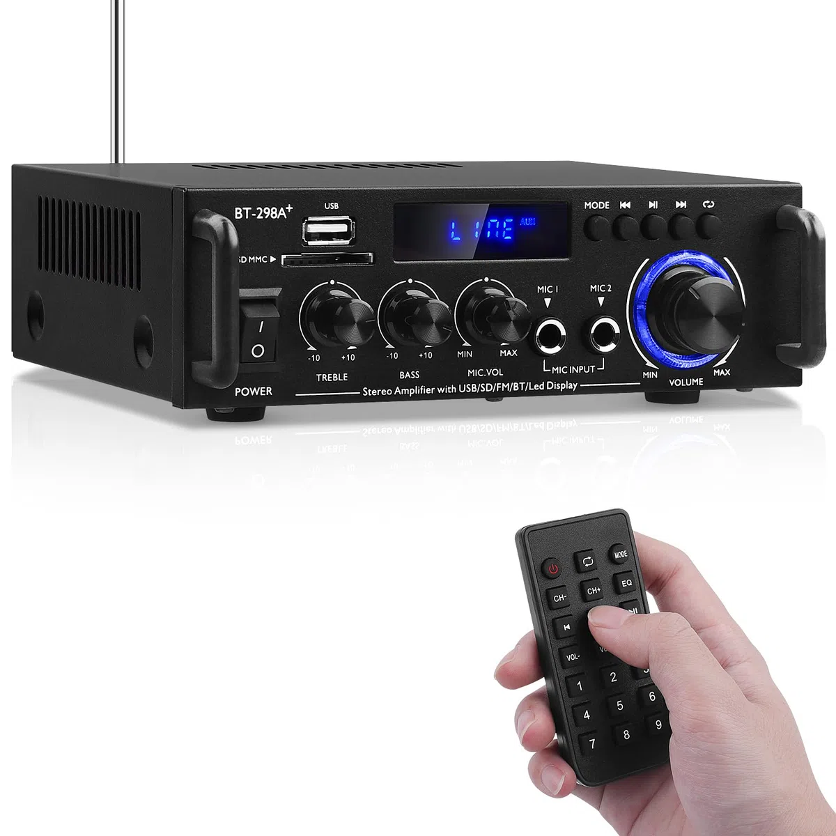 Amplificatore HiFi BT-298A+ Bluetooth5.0 Mini Stereo Audio Amplificatore Ricevitore 2 Canali 40W x 2 Amplificatore Bluetooth Digitale di Potenza con Radio FM, Scheda SD/USB per Casa/Auto