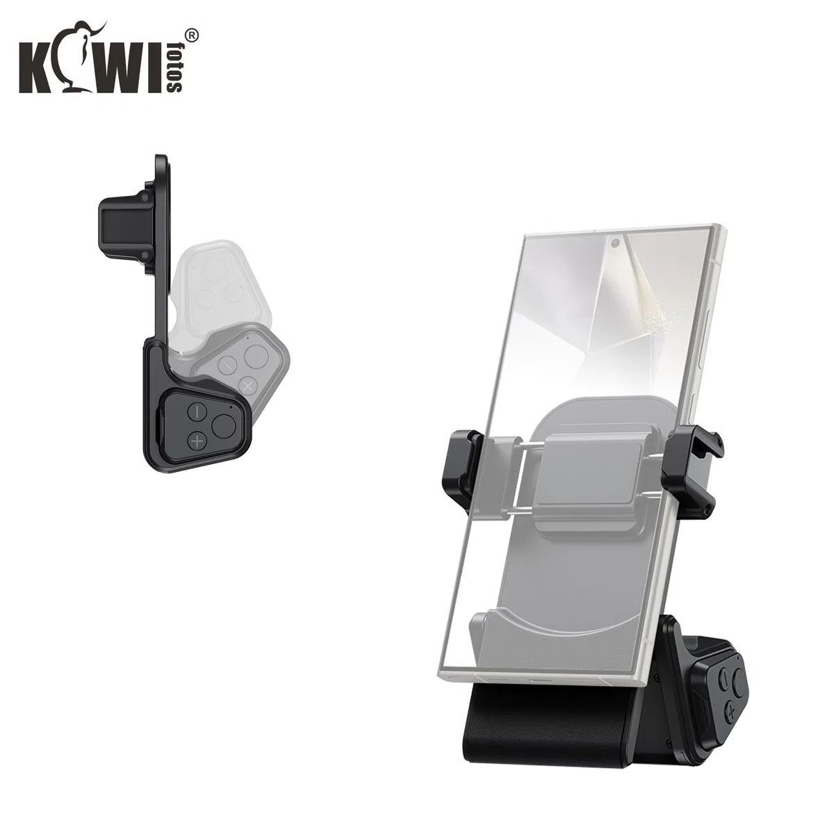 KIWIFOTOS Impugnatura Grande Smartphone Grip con Wireless Telecomando Bluetooth, Registrazione Vlogging Riprese per Telefoni Android e iOS Larghezza 59-85mm