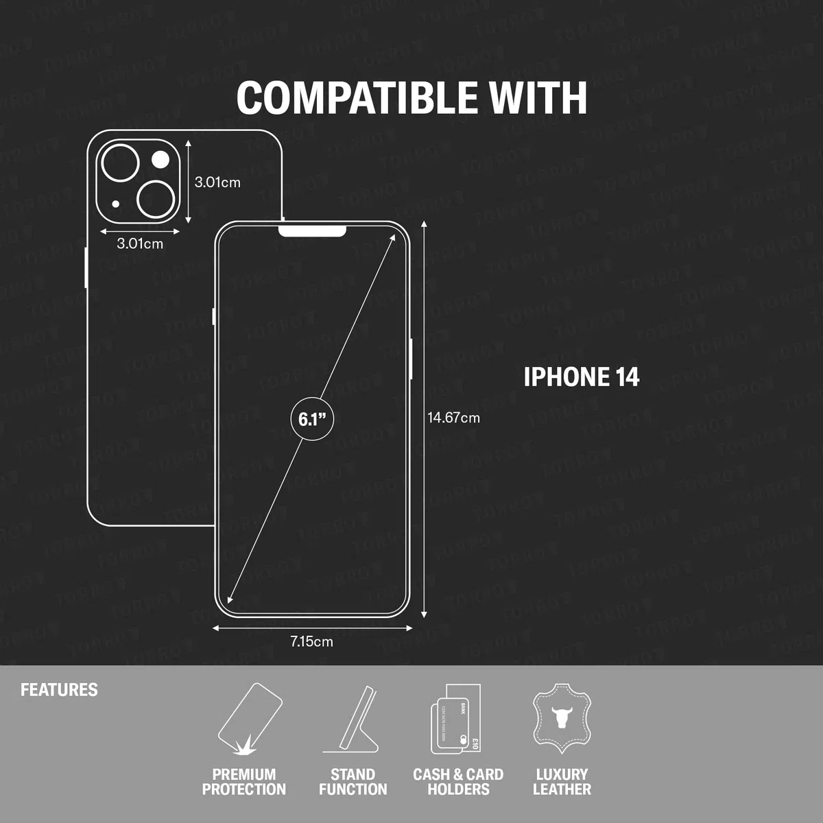 TORRO Custodia Compatibile con iPhone 14 - Cover in Vera Pelle con Supporto per Carte e Funzione di Supporto (Nero)