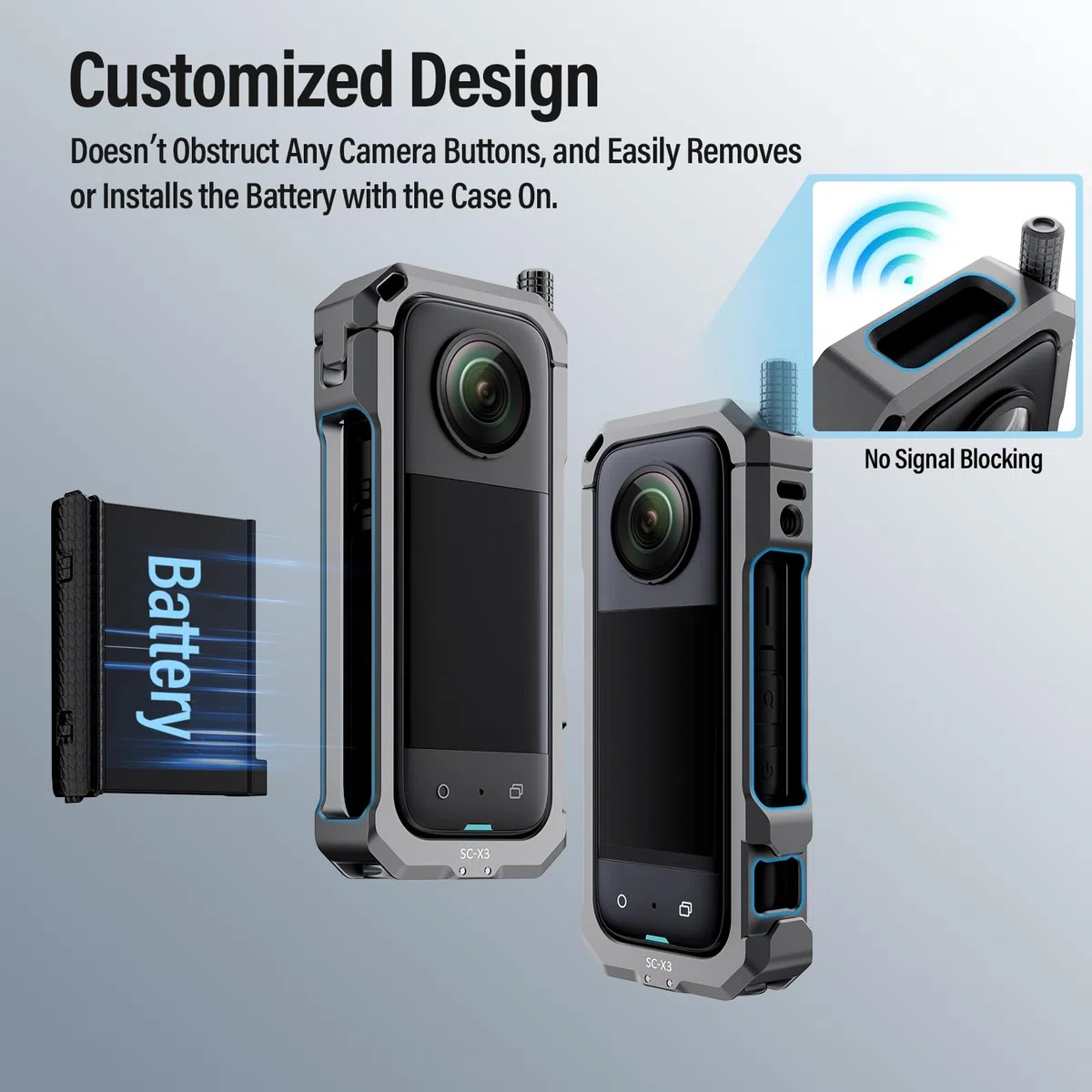 SIRUI Gabbia per Fotocamera per Insta360 X3, Custodia Protettiva in Alluminio per Insta360 X3 con Copriobiettivo in Silicone, Filettatura da 1/4" e Slitta Fredda, Accessori per Fotocamera, SC-X3