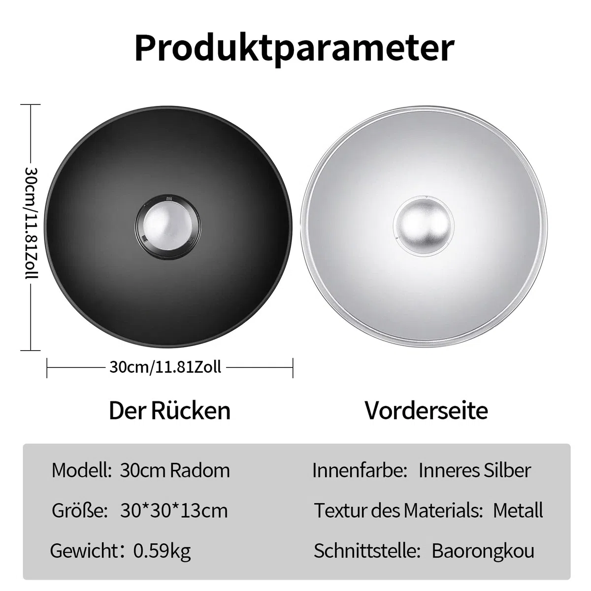 Soonpho Beauty Dish 30 cm/12 pollici Riflettore standard con griglia a nido d'ape nera, diffusore d'argento e borsa per la conservazione, da studio fotografico per flash da studio con attacco Bowens