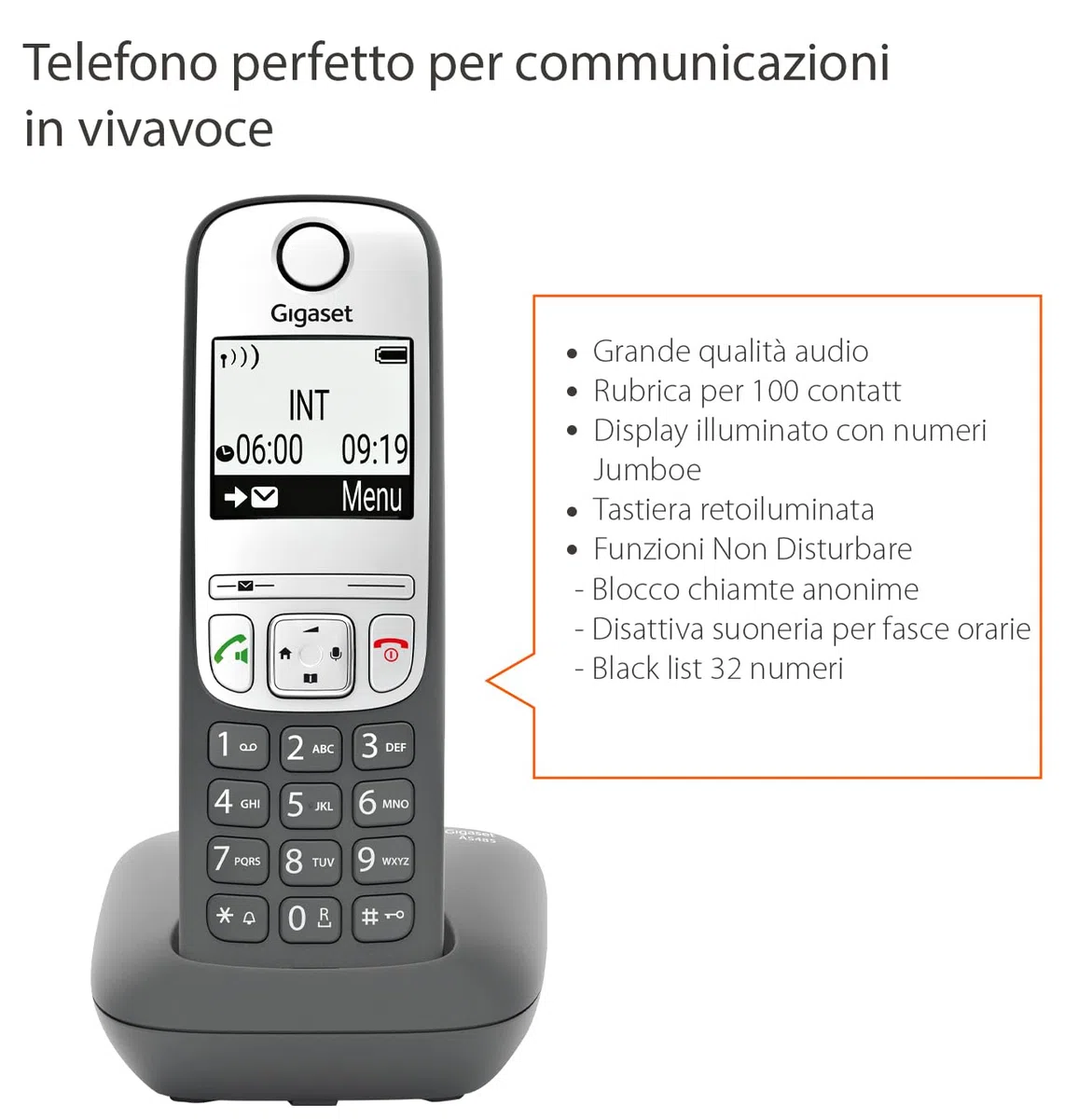 Gigaset AS485 - Telefono Cordless - Vivavoce - Numeri grandi sul display - Tastiera Illuminata - Risparmio energetico, Grigio Antracite [Versione Italiana]