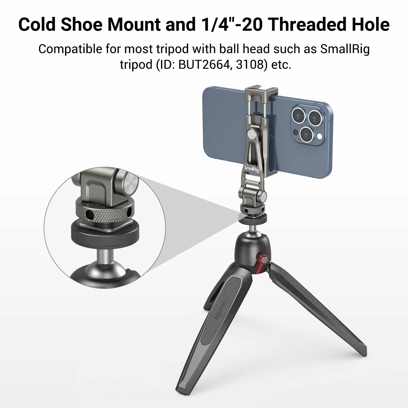 SMALLRIG Supporto Universale per Telefono e Fotocamera Con Cold Shoe, Foro Filettato 1/4'' e Rotazione 360° - Per Cinematografia e Vlogging - 3559