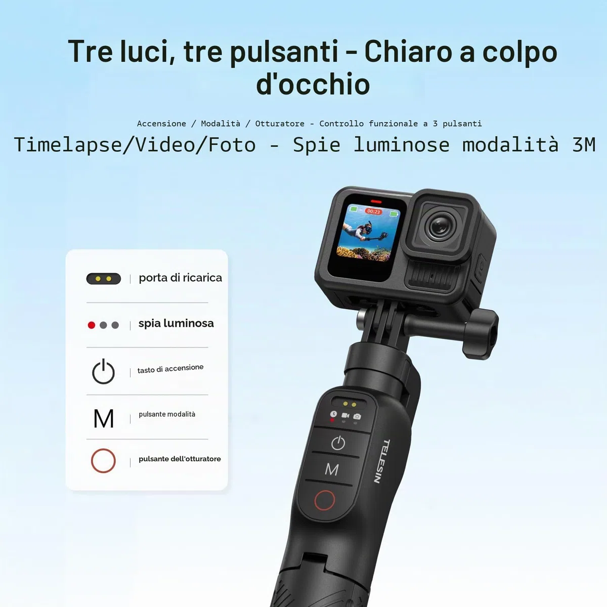 Manico galleggiante Selfie Stick Treppiede Impermeabile Estensibile Selfie Monopiede Maniglia con Telecomando Bluetooth per Go Pro Hero13 Black, Hero 12 11 10 9 8 Black Action Camera