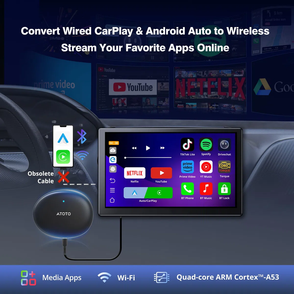 Wireless Carplay/Android Auto Adapter Car AI Box - Rende CP/AA wireless, doppio Wi-Fi 2.4G/5G, GPS, OBDII, OTA, 256GB, adattatore Carplay wireless con YouTube/Netflix, DriveChat AI (ChatGPT)