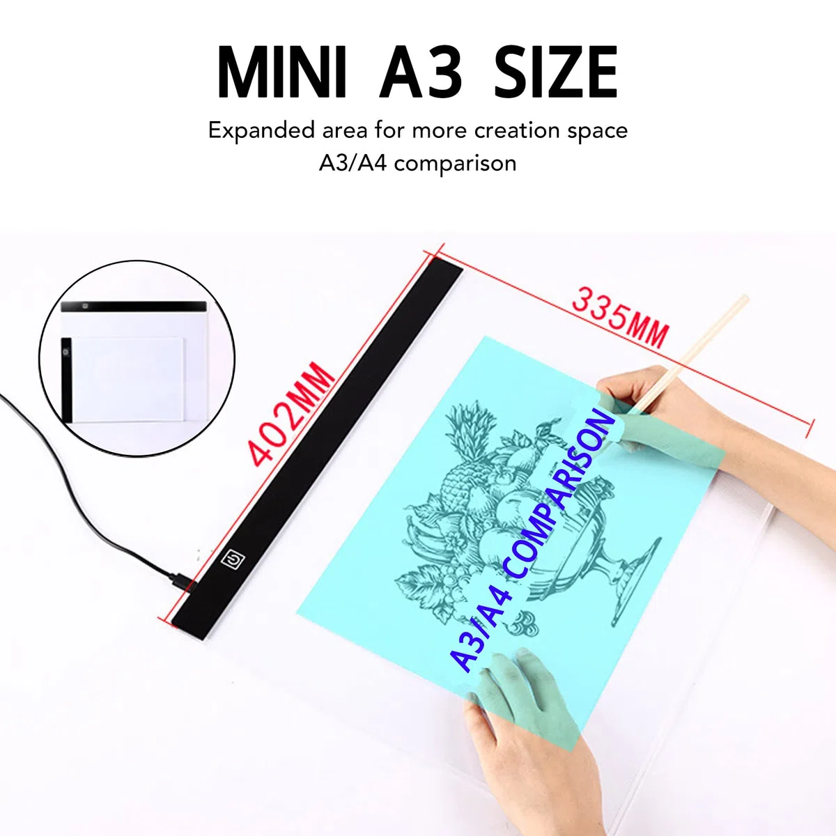 Tappetino Luminoso a LED A3, Tappetino da Disegno Ultrasottile Portatile da 12.000 K con 37 Perline LED, Tavolo Luminoso con Alimentazione USB Dimmerabile per Artisti, Disegno,