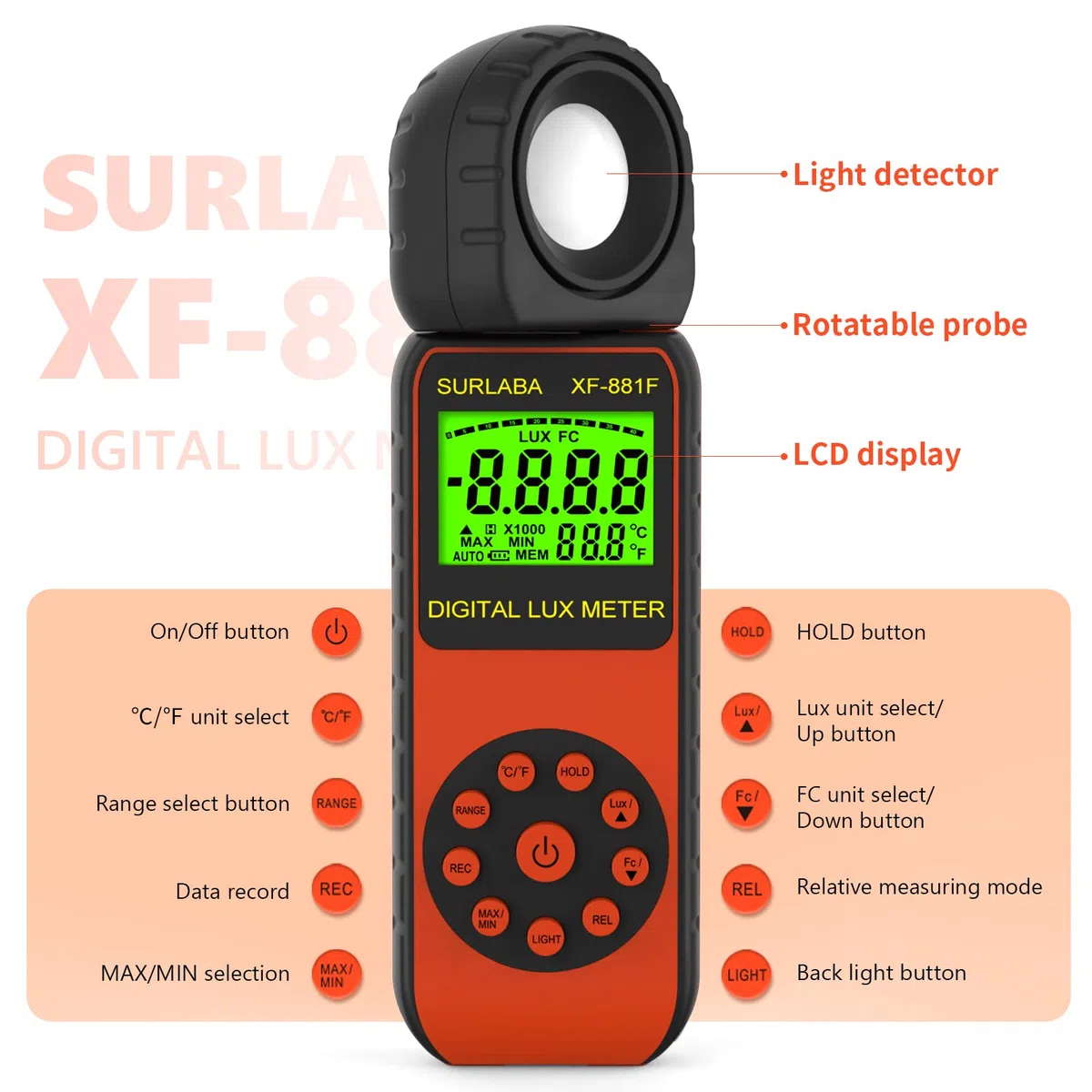 Luxmetro Digitale Light Meter, Misuratore di Luce Campo Misura 0,01~400.000 Lux, Illuminazione Meter con Sensore Rotato di 270º, Esposimetro Misurazione della Luminosità per Fotografi