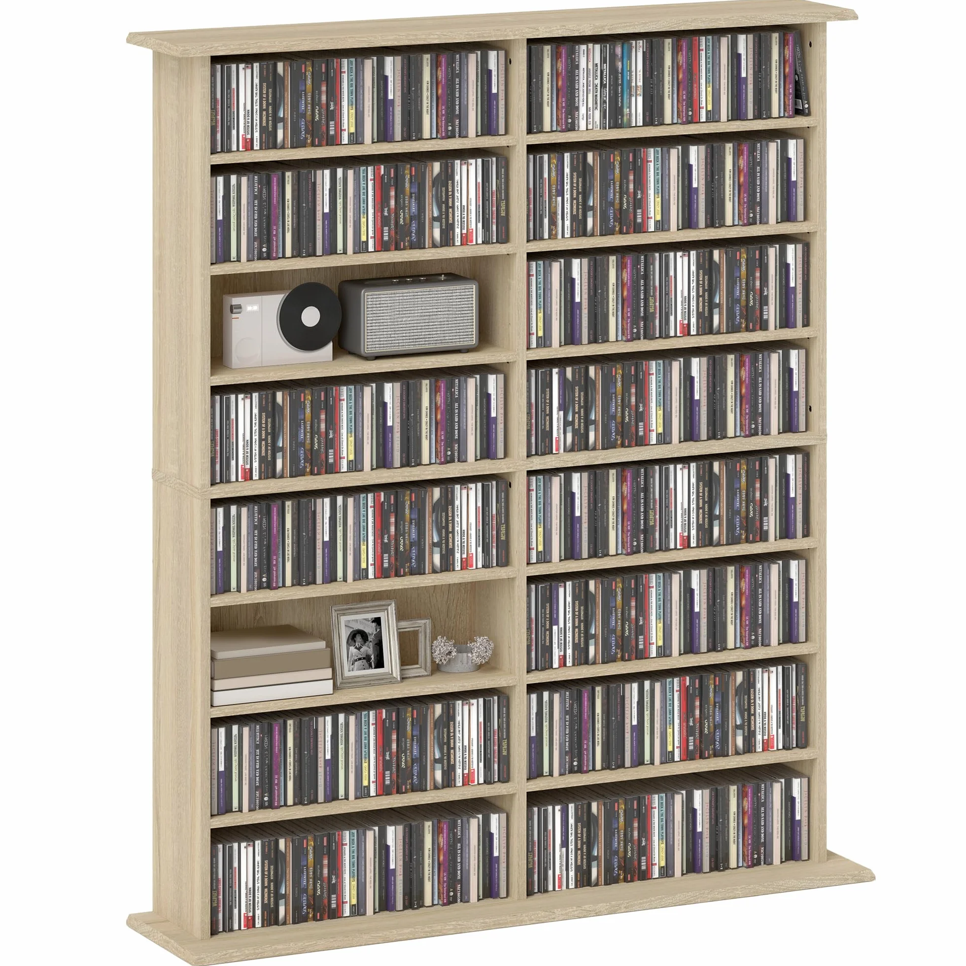 HOMCOM Contenitore per CD e DVD, contenitore multimediale con 16 scomparti e 12 ripiani regolabili, capacità massima 720 CD/396 DVD e Blu-ray, 106,5 x 24 x 123,7 cm, legno naturale