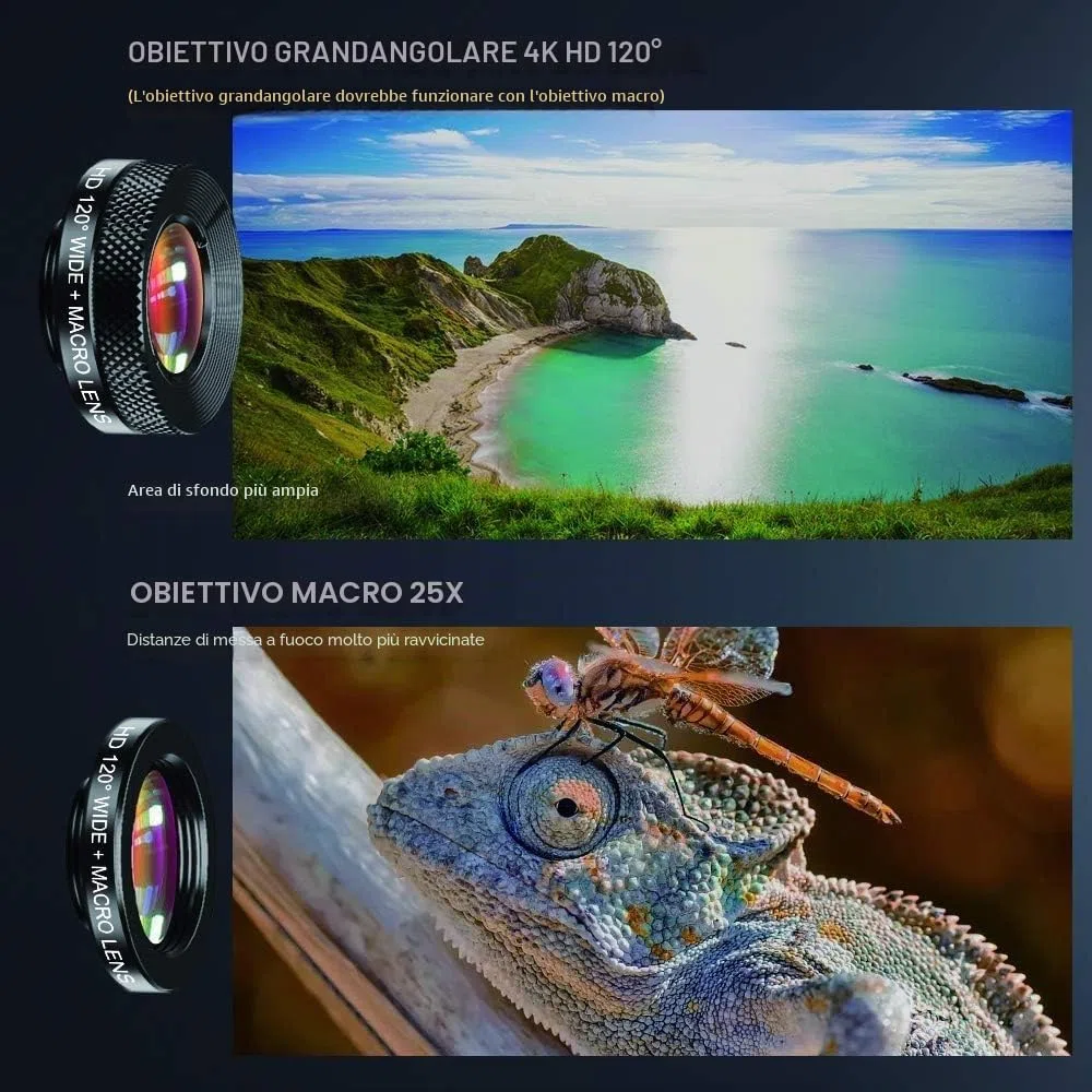 Apexel Kit di obiettivi per telefono, kit di obiettivi 4 in 1 per fotocamera, teleobiettivo 22x, obiettivo fisheye 205°, obiettivo grandangolare 120°, obiettivo macro 20x, treppiede e scatto remoto