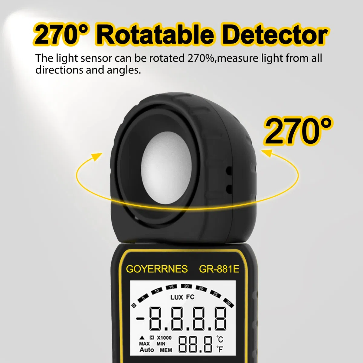 Misuratore di illuminazione digitale, misuratore di lux GR-881E portatile per l'illuminazione a temperatura ambiente misura fino a 300.000 Lux fotometro con rilevatore ruotabile di 270º.