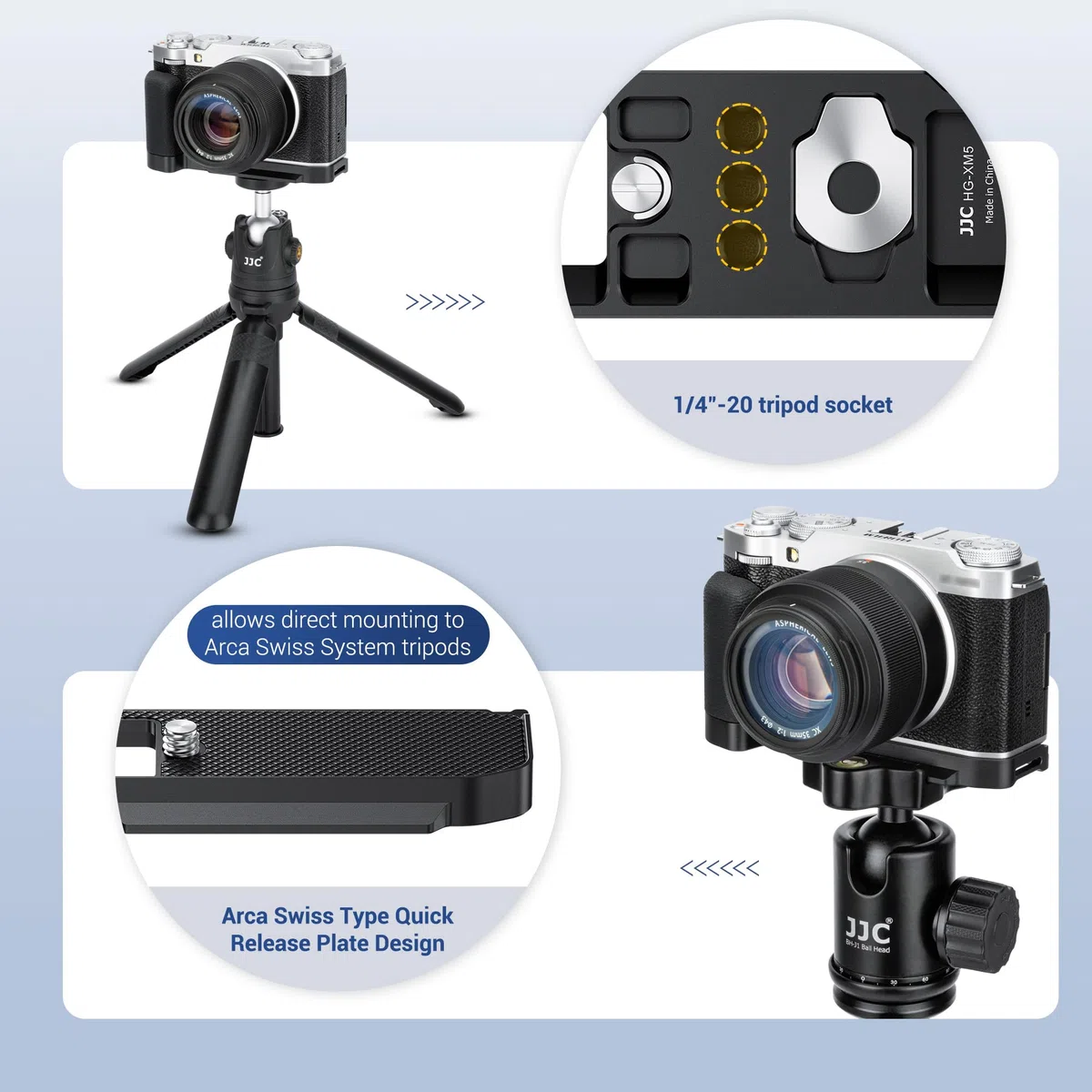 JJC XM5 - Impugnatura in Metallo per Fotocamera Fujifilm Fuji X-M5, Piastra di Supporto a Sgancio Rapido Arca Swiss, con Staffa a L in Silicone Antiscivolo, Impugnatura Migliorata, Argento
