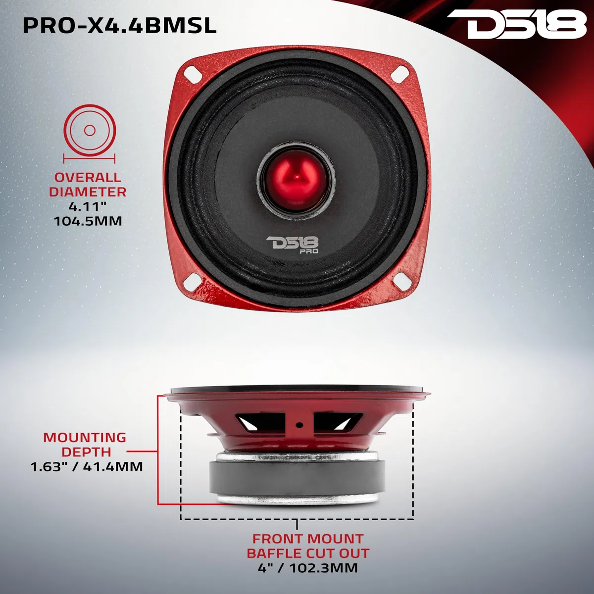 DS18 1 PRO-X4.4BMSL midrange diffusore da 10 cm 100 mm 4" di diametro, 100 watt rms e 200 watt max, impedenza 4 ohm, 89 db, portiere sportelli, per auto, 1 pezzo
