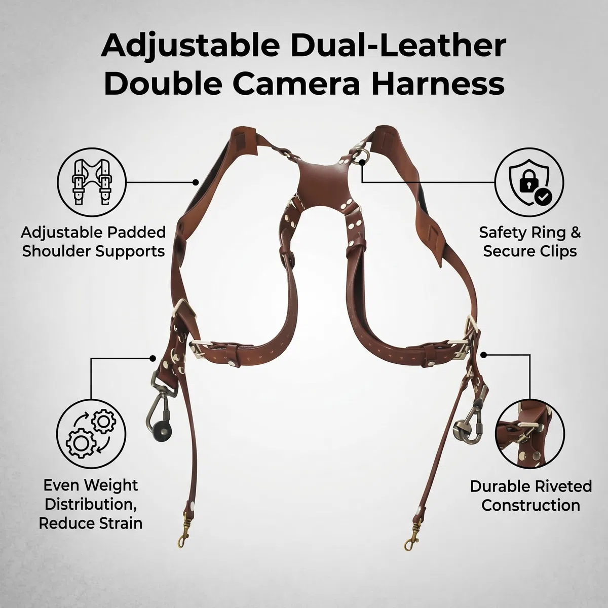 Ausla Cinghia Doppia Spalla in Pelle per Fotocamera, Regolabile con Attacco Treppiede da 1/4", Protezione Anticaduta per DSLR Mirrorless