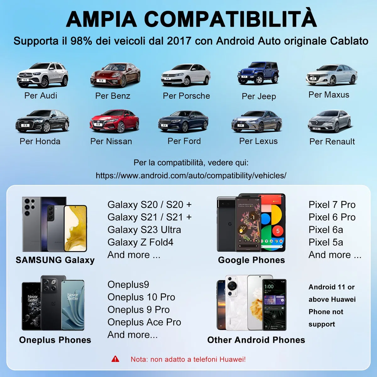 Adattatore Senza Fili Android Auto, Dongle USB C/USB per Autoradio Cablato OEM, Adattatore Wireless Compatibile con il 98% delle Auto