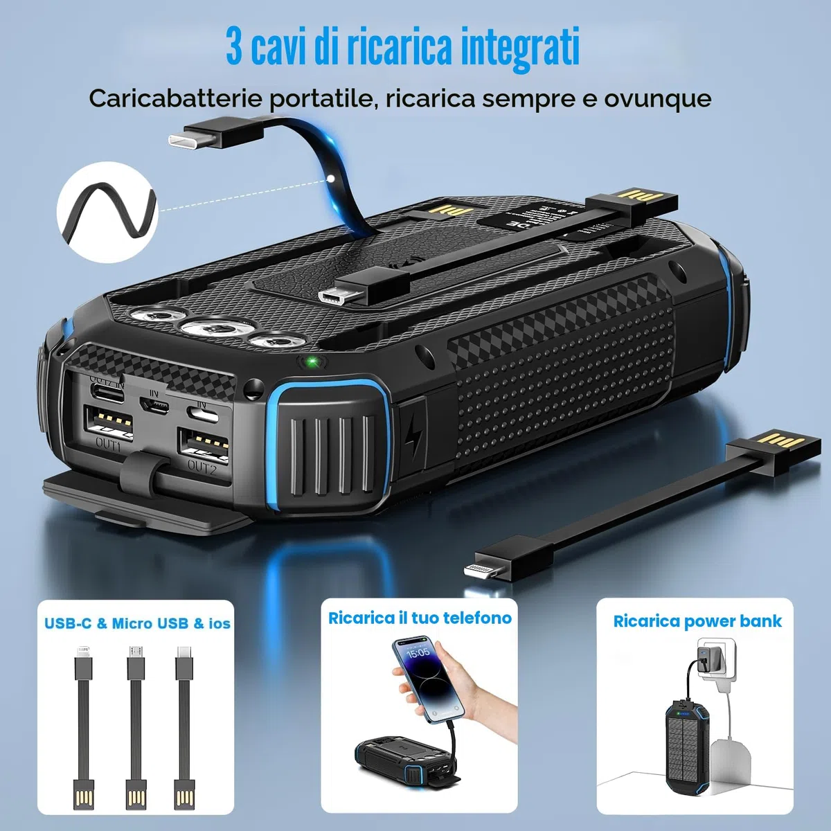 Powerbank solare wireless 26800 mAh con 3 cavi, Power Bank USB-C 15 W, ricarica rapida, 4 uscite, 3 ingressi per cellulare, caricatore solare per esterni, batteria esterna con torcia