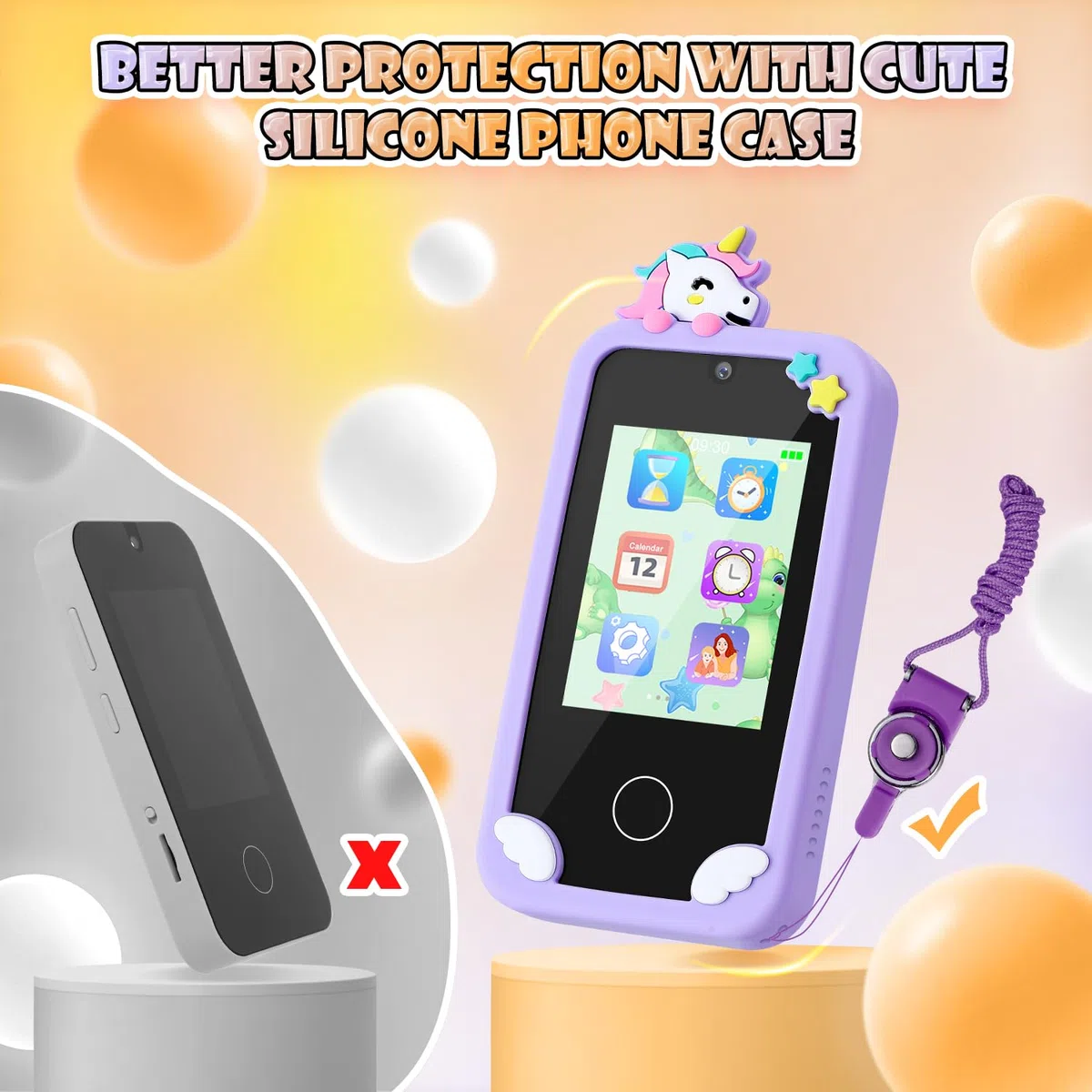 Cellulare per Bambini con Touchscreen Doppia Fotocamera Lettore Musicale MP3 Scheda TF 32 GB Cover in Silicone e Cordino per Ragazzi e Ragazze