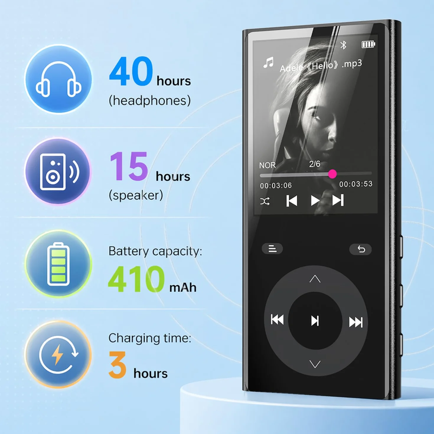 90 GB Lettore MP3 Bluetooth 5.3, MP3 Player con 2 slot per schede TF | schermo a colori da 2,4", pulsante touch, lettore MP3 con altoparlante audio HiFi, fino a 256 GB supportati