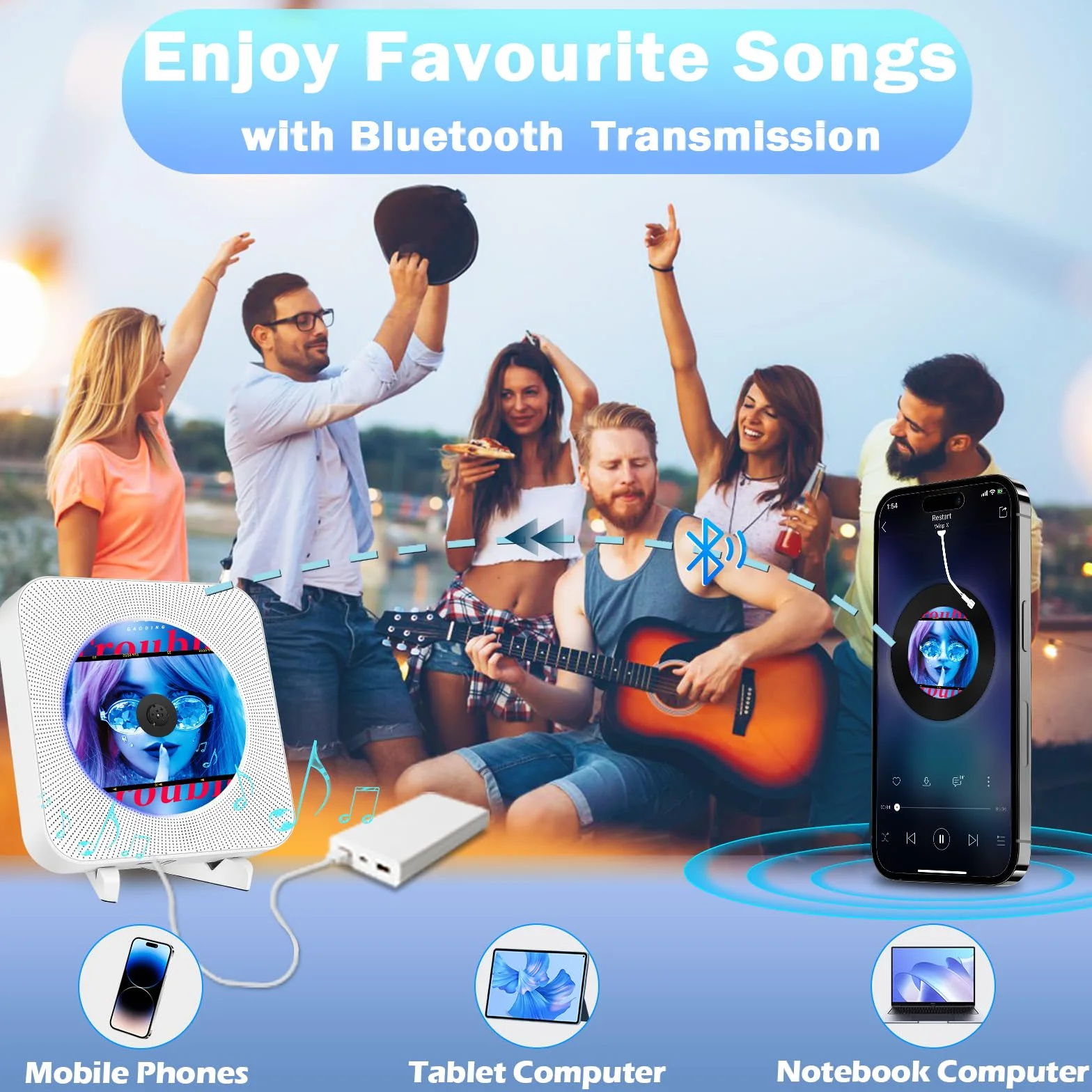 Lettore CD Bluetooth montabile a parete, lettore musicale CD portatile con doppi altoparlanti, lettore CD da parete/da tavolo con linea di interruttori di alimentazione, AUX/USB (Bianco)