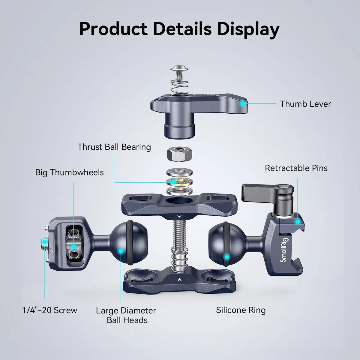 SMALLRIG Braccio Magico con Doppia Testa a Sfera con Vite da 1/4"-20 e Morsetto NATO, Carico Massimo 13,23 Libbre/6 kg, Solo 91 g, Realizzato in Lega di Alluminio e Acciaio Inossidabile - 3875