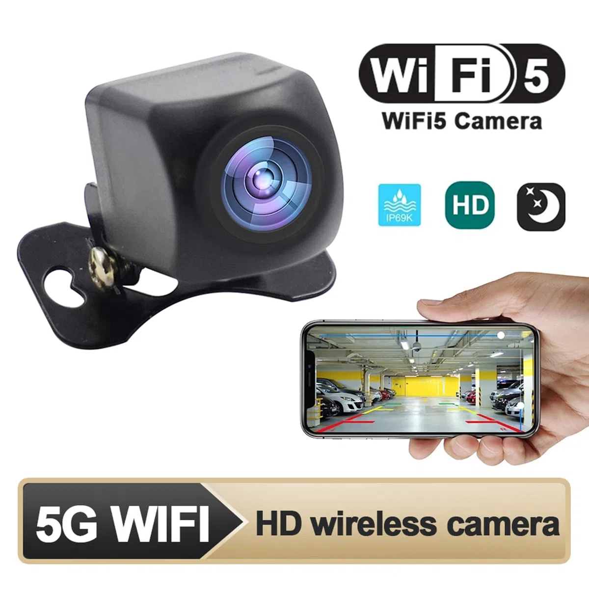 Telecamera di retromarcia WiFi 5V USB/12V HD WiFi 5 Telecamera per Visione Notturna Tachigrafo Impermeabile Compatibile con Android iOS per Moto Auto Camper Van