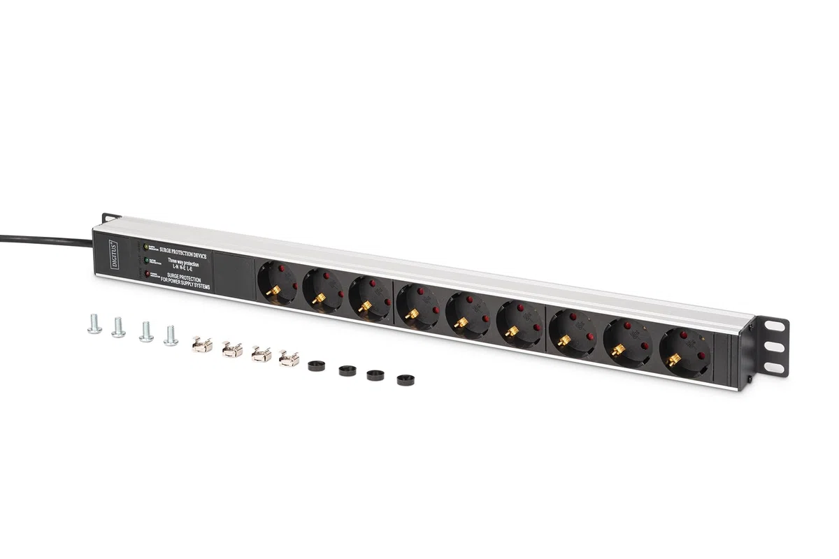 DIGITUS DN-95438 – Presa multipla – 9 prese – Filtro di rete e protezione da sovratensione – Montaggio verticale in armadio di rete o server – 230 V CA 50/60 Hz 16 A 3600 W