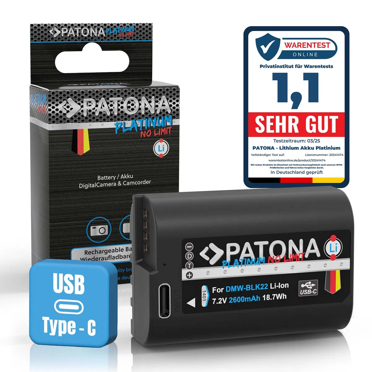 PATONA Platinum DMW-BLK22 Batteria 2600mAh con USB-C – ricambio per Panasonic DMW-BLK22 – per Lumix S5 II/IIX S5 S9, G9 II, GH5 II GH5S, GH6, GH7 – si ricarica via cavo, ideale per video 4K/6K
