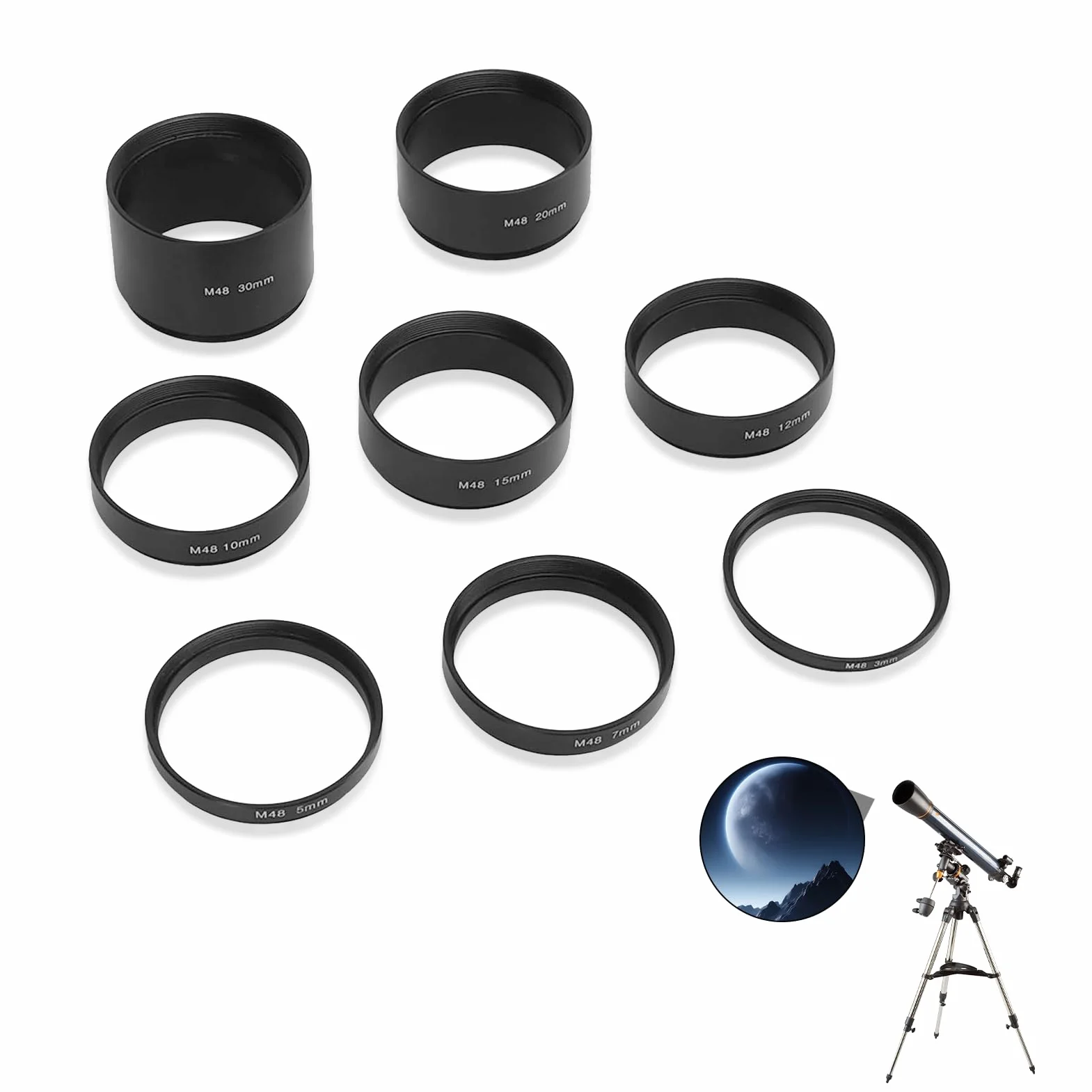 Set di 8 Tubi di Prolunga per Lunghezza Focale M48x0,75, Elimina i Problemi di Messa a Fuoco, di Prolunga 3 5 7 10 12 15 20 30 Mm, per la Fotografia del Telescopio