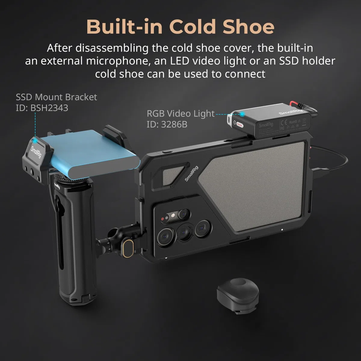 SMALLRIG Rotatable Quick Release Side Handle for Phone Cages, Aluminum Phone Cage Handle Grip with Infinite Rotation, Built-in Cold Shoe and Adapter - 4403B
