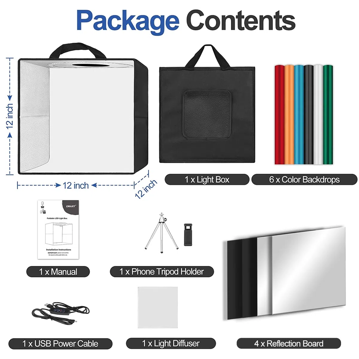 EMART Photo Studio Light Box, Scatola Fotografia 30x30x30cm per Fotografia, Tenda Pieghevole con 120 Luci LED e 6 Sfondi Colorati per Fotografico