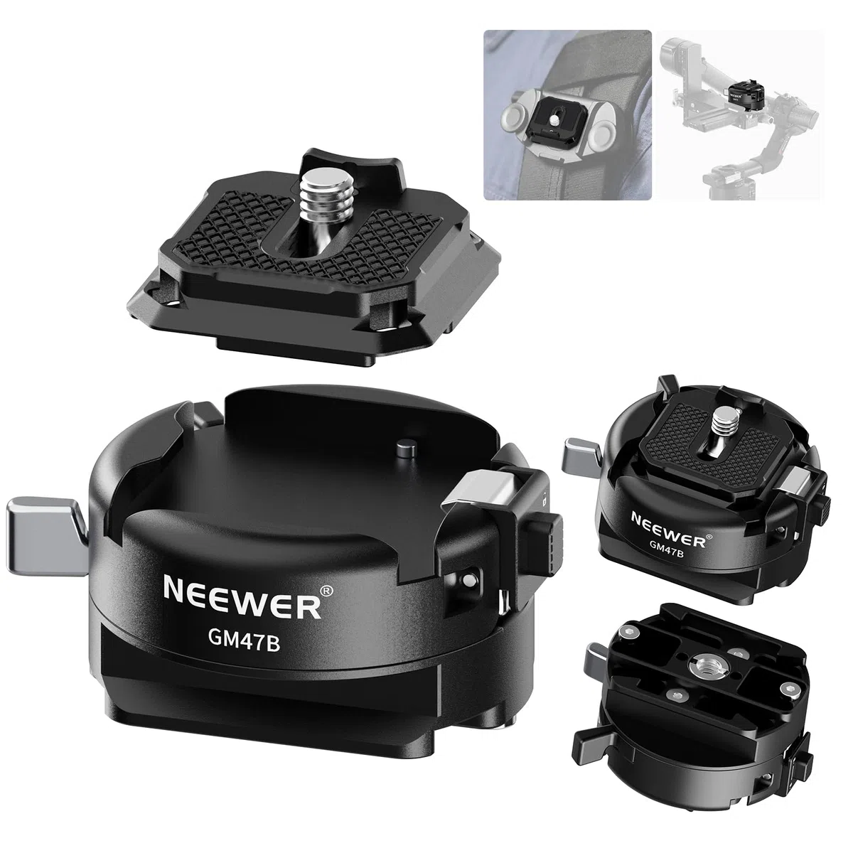 NEEWER GM47B Kit Piastra a Sgancio Rapido, Adattatore Treppiede Fotocamera QR Quadrato con Base a Morsetto Compatibile con Arca Swiss DJI Ronin RS 4 Pro RS 3 RS 2 Peak Design Capture V3 Camera Clip