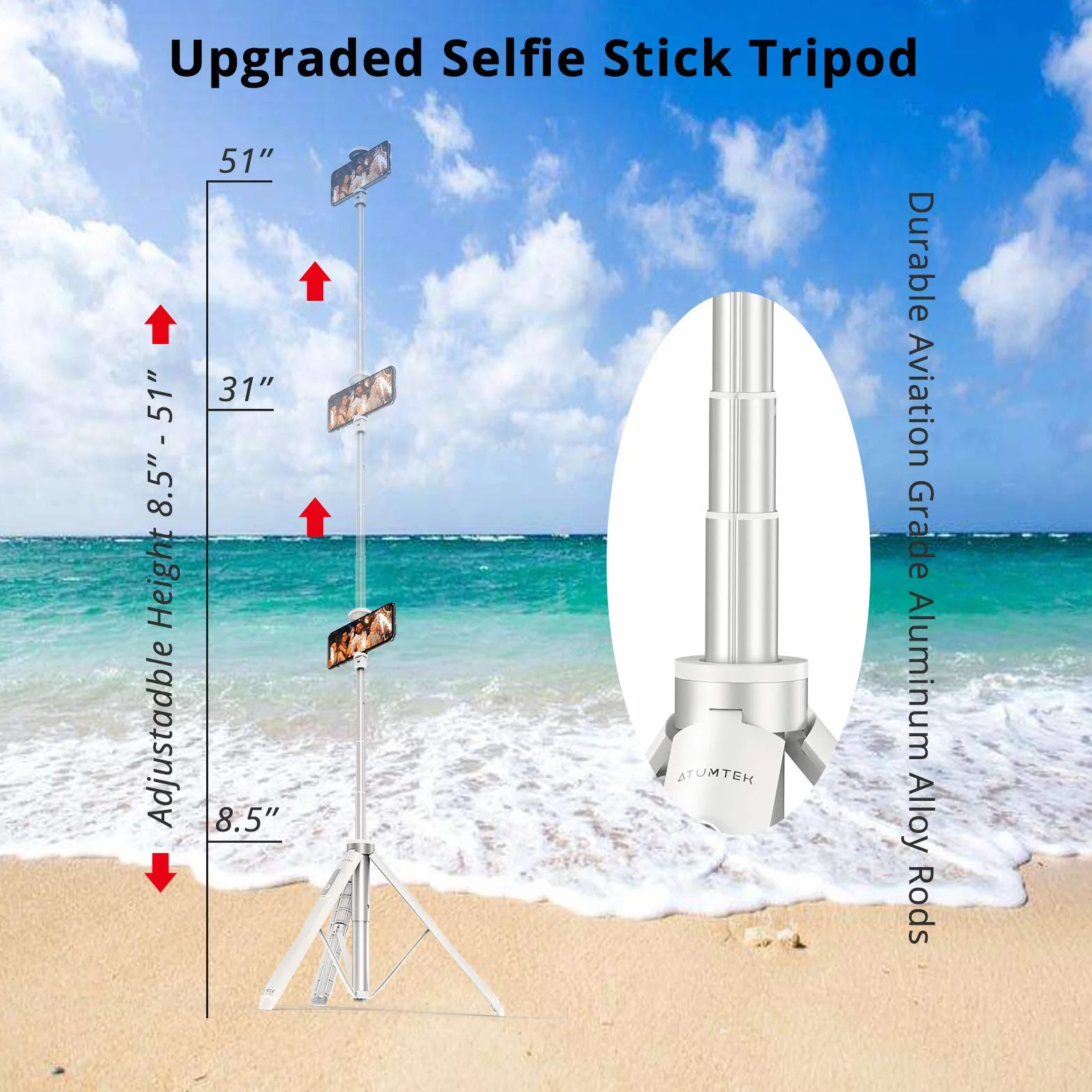 ATUMTEK 51'' Asta Selfie Treppiede Selfie Stick con Alluminio Resistente e Piedi Antiscivolo Treppiede Smartphone TikTok per iPhone e Android, Registrazione Video, Blogage, Live Streaming