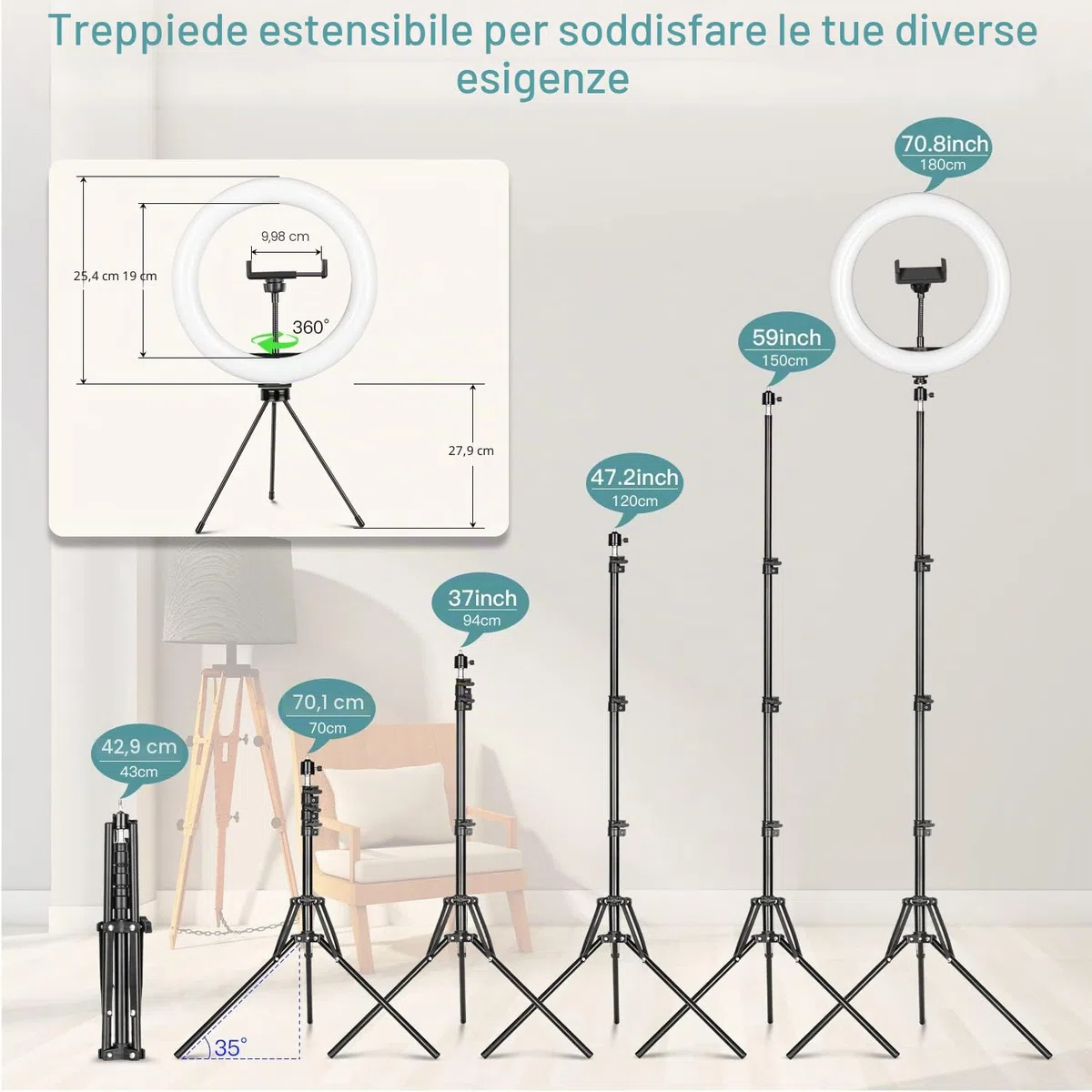 Ring Light Luce ad Anello Led da 10" con Treppiede Luce per Selfie con Telecomando Wireless, con 3 Modalità di illuminazione e 10 Luminosità per Youtube, TikTok, Streaming live, Trucco e video