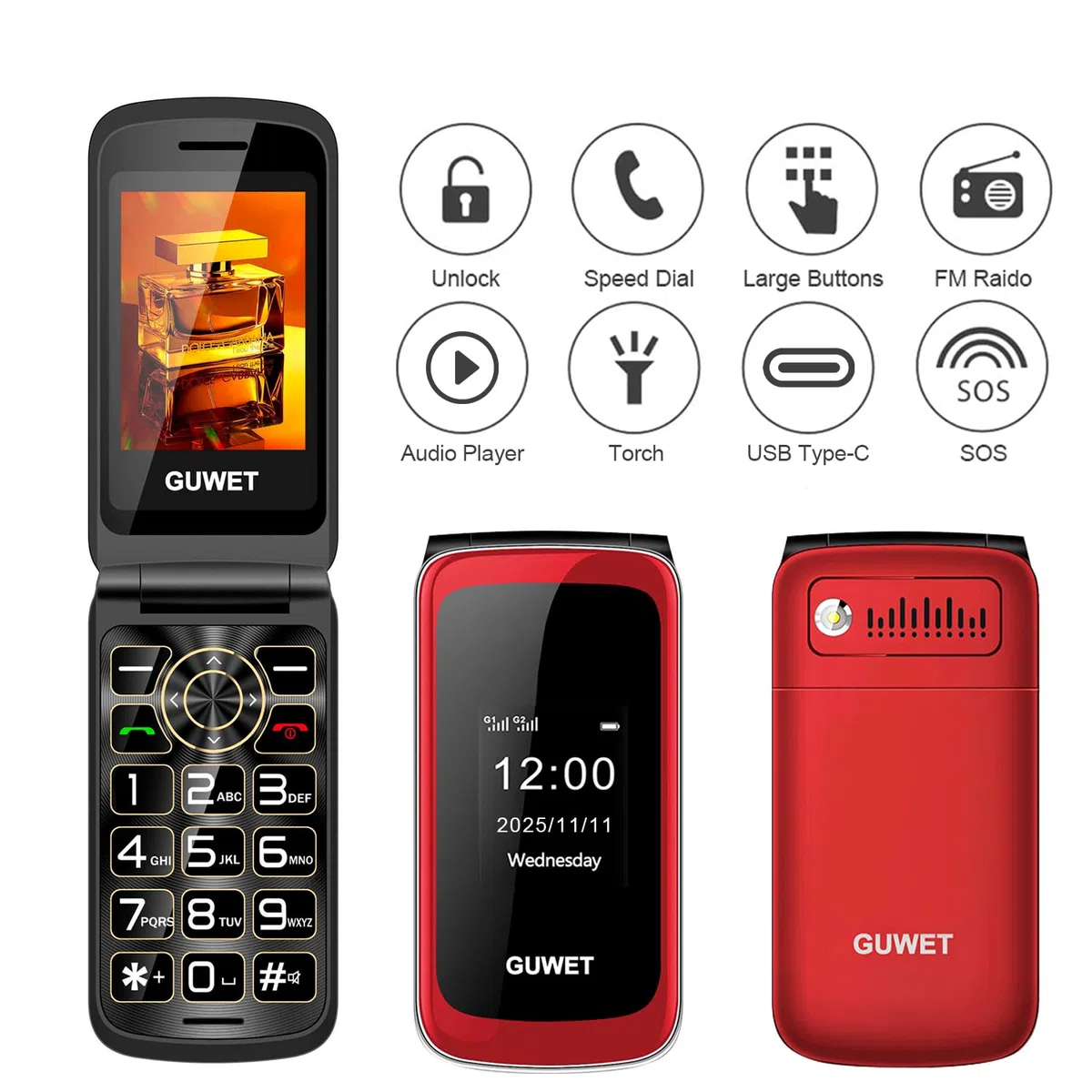 2G Telefono Cellulare per Anziani con Tasti Grandi, Flip Phone, Funzione SOS, Batteria da 1600 mAh, 2.4"+1.77" Doppio Display, Doppia SIM con doppio standby, Rosso.