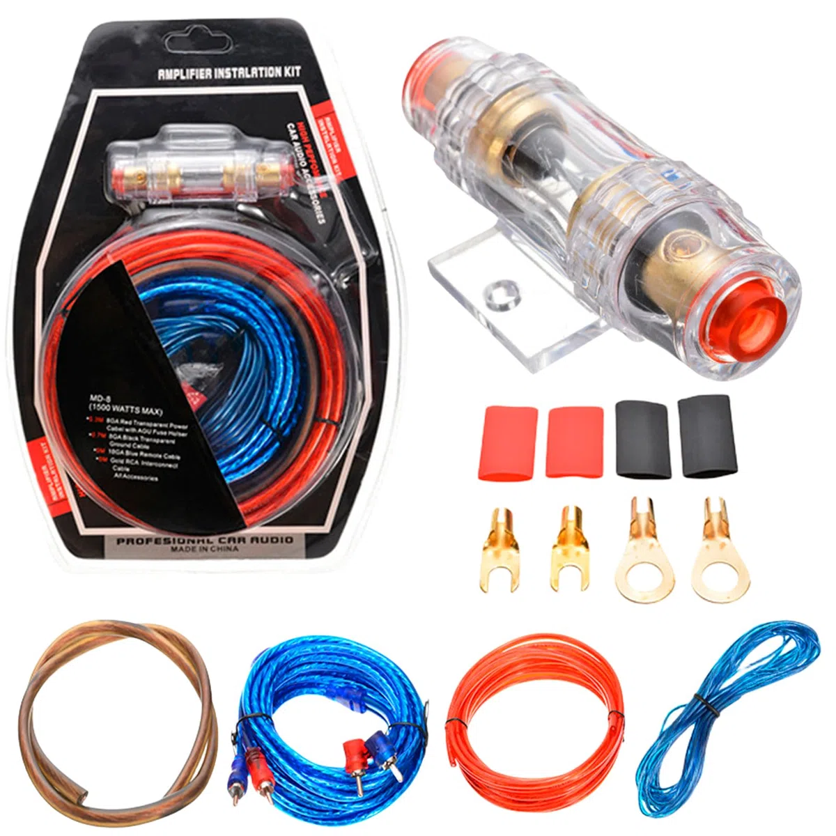 Rhitchy 15pcs Set di Cavi per Amplificatori per Auto, 10GA Kit Completo Audio Auto, Kit Cablaggio Amplificatore Auto Subwoofer Audio, 1500W Stereo Subwoofer con Fusibile per Auto Camion Moto