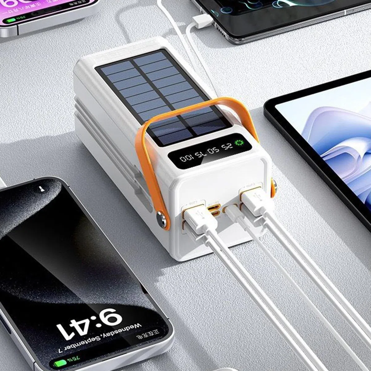 Power Bank Solare - 120W Batteria Esterna 50000mAh Attrezzatura Sopravvivenza | Power Bank Solare Alta Capacità Con Luce Cavi Integrati | 4 Uscite 3 Ingressi Per Tutti I Dispositivi Mobili Viaggio