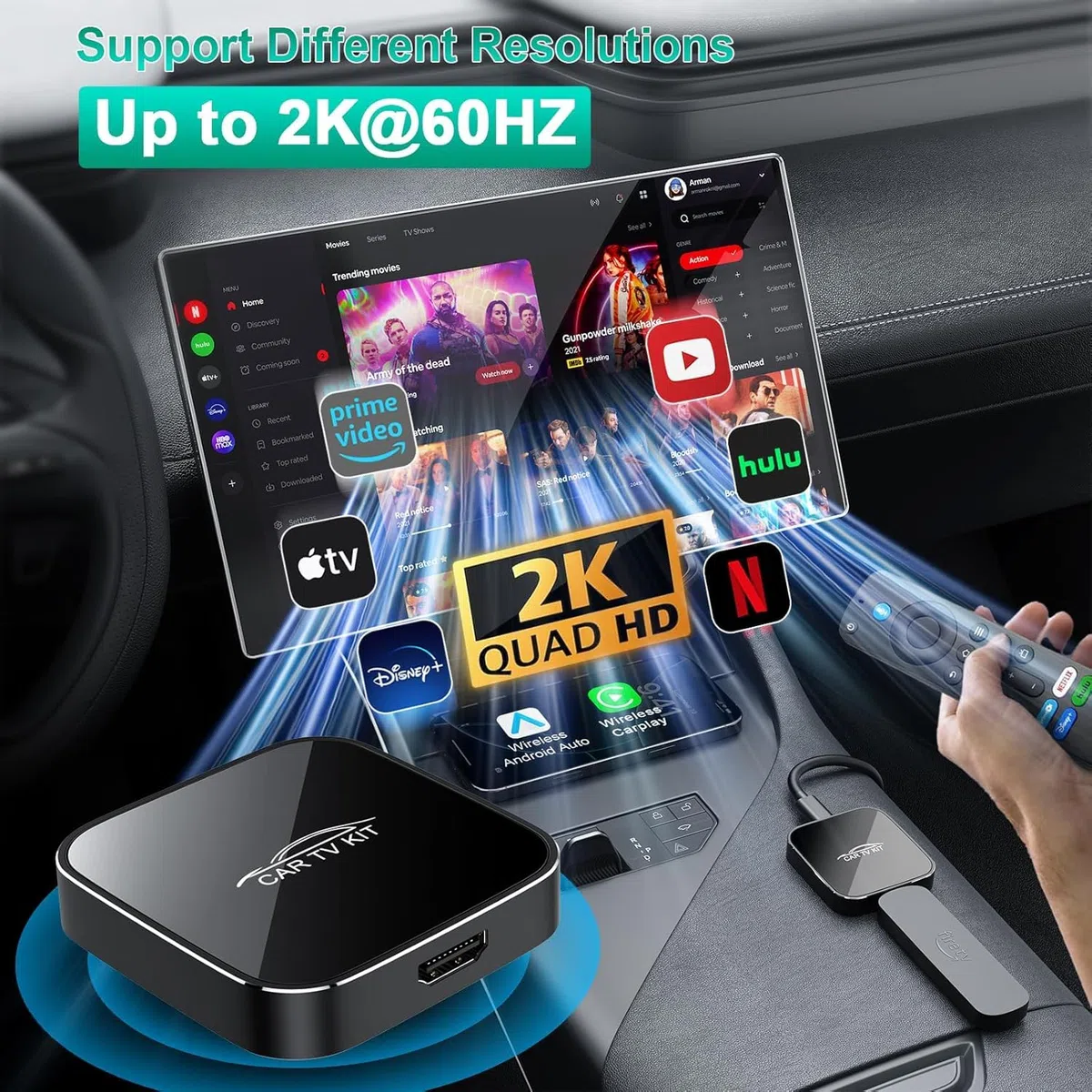 3 in 1 Car TV Mate Pro con Wireless CarPlay & Android Auto Adapter, Convertitore HDMI Multimedia TV Stick, Streaming da Fire T V/Console/YouTube/Netflix in auto per CarPlay cablato