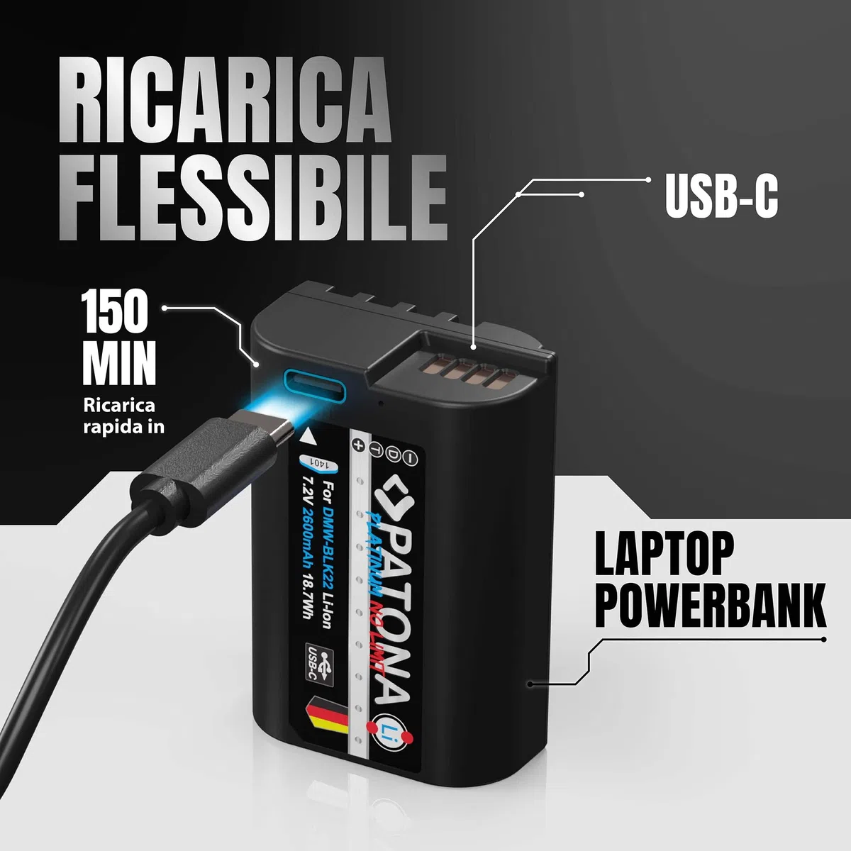 PATONA Platinum DMW-BLK22 Batteria 2600mAh con USB-C – ricambio per Panasonic DMW-BLK22 – per Lumix S5 II/IIX S5 S9, G9 II, GH5 II GH5S, GH6, GH7 – si ricarica via cavo, ideale per video 4K/6K